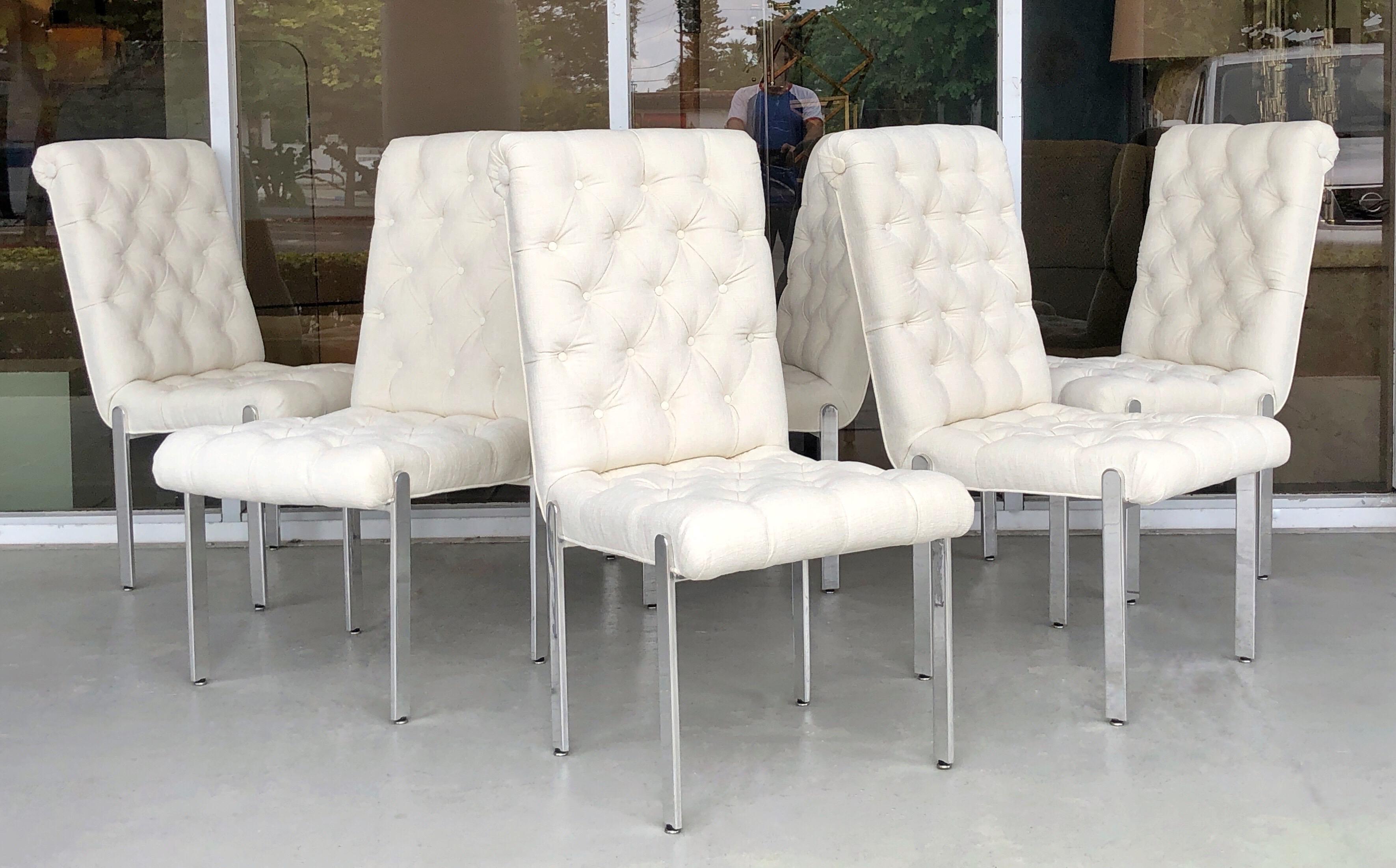 A set of 6 dining chairs by Pace Collection. Designed by Leon Rosen. 1970s. The legs are mirror polished stainless steel in spotless condition. 
      