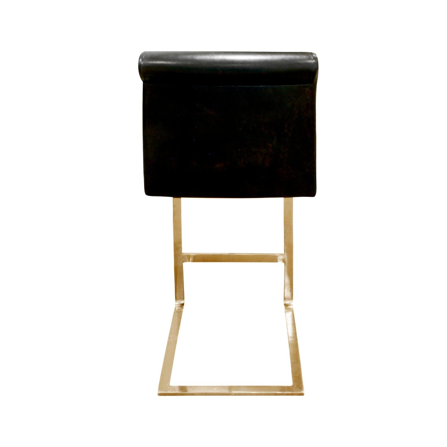 Hand-Crafted Pace Collection Set of Three Brass Bar Stools with Calf Skin Seats, 1970s