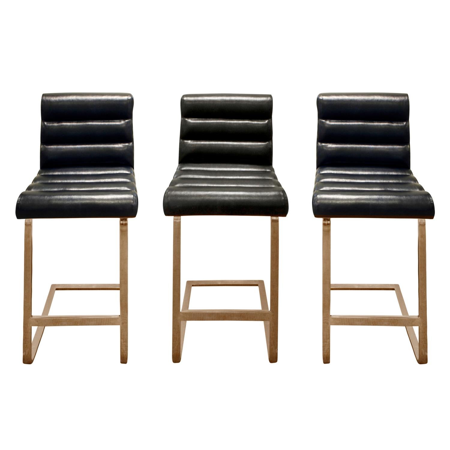 Pace Collection Set of Three Brass Bar Stools with Calf Skin Seats, 1970s