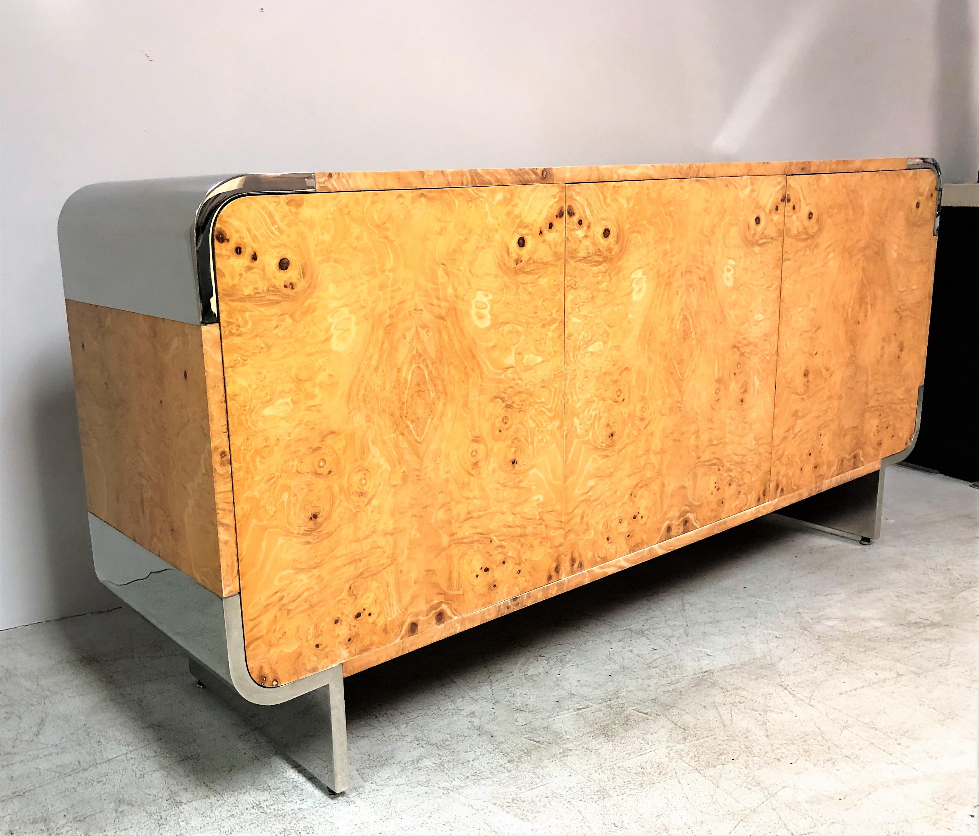 American Pace Collection Stainless Steel and Burl Sideboard Console Credenza Cabinet 