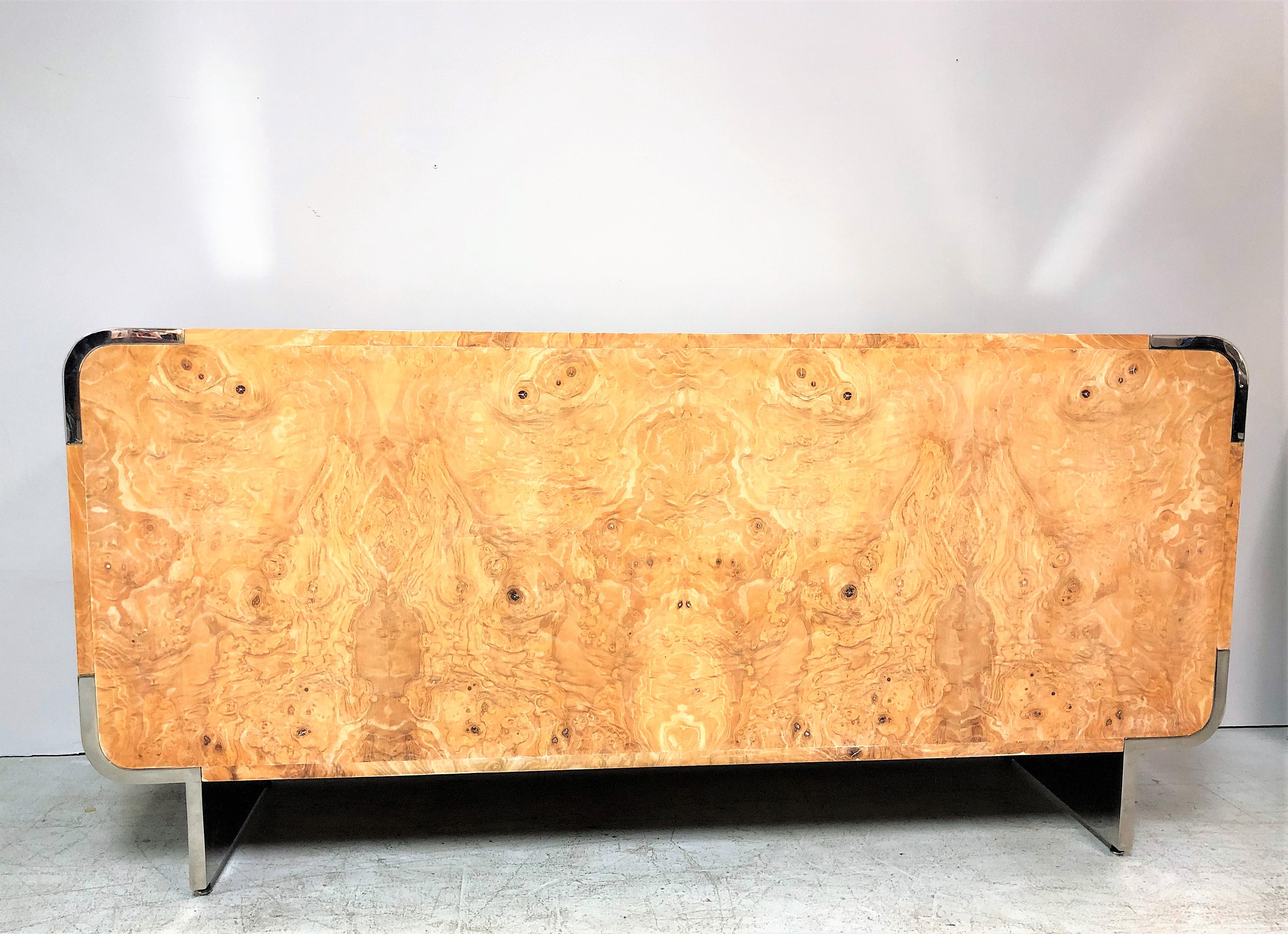 Pace Collection Stainless Steel and Burl Sideboard Console Credenza Cabinet  1