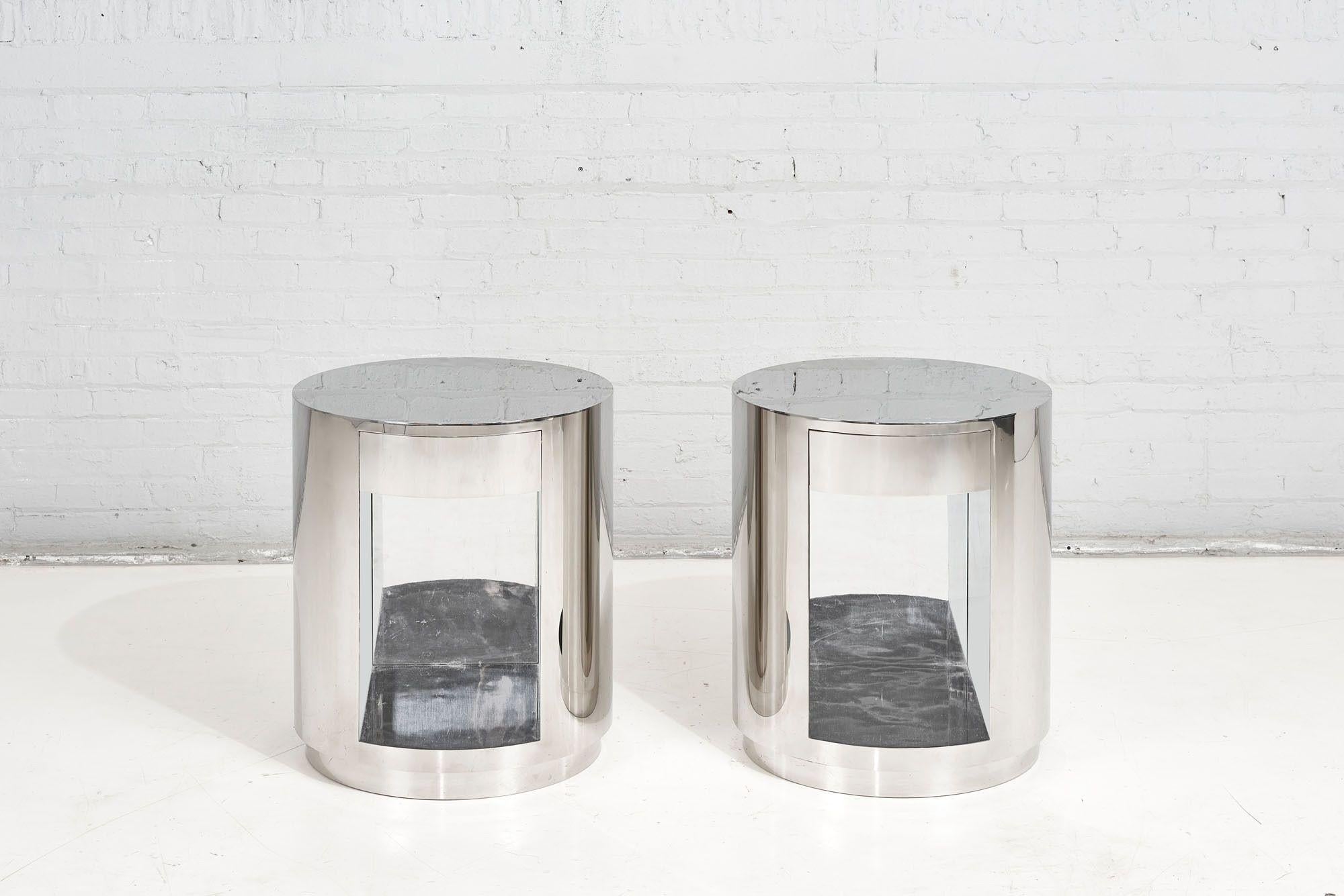 Pace Collection by Leon Rosen stainless steel drum side/end tables with drawer, 1970. Original.