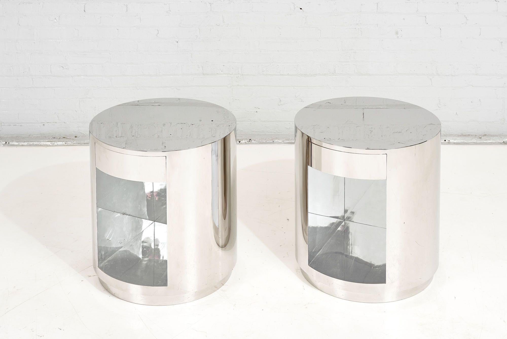 Post-Modern Pace Collection Stainless Steel Drum Tables with Drawer, 1970