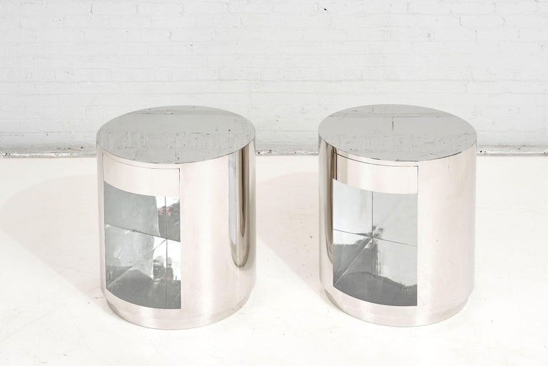 Pace Collection Stainless Steel Drum Tables with Drawer, 1970 at 1stDibs
