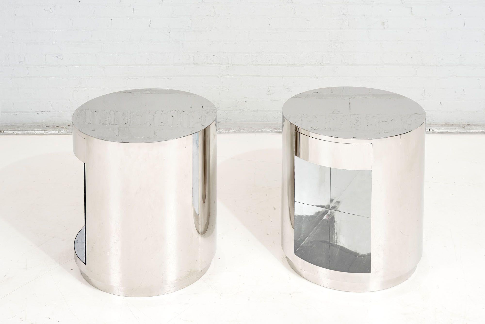 American Pace Collection Stainless Steel Drum Tables with Drawer, 1970