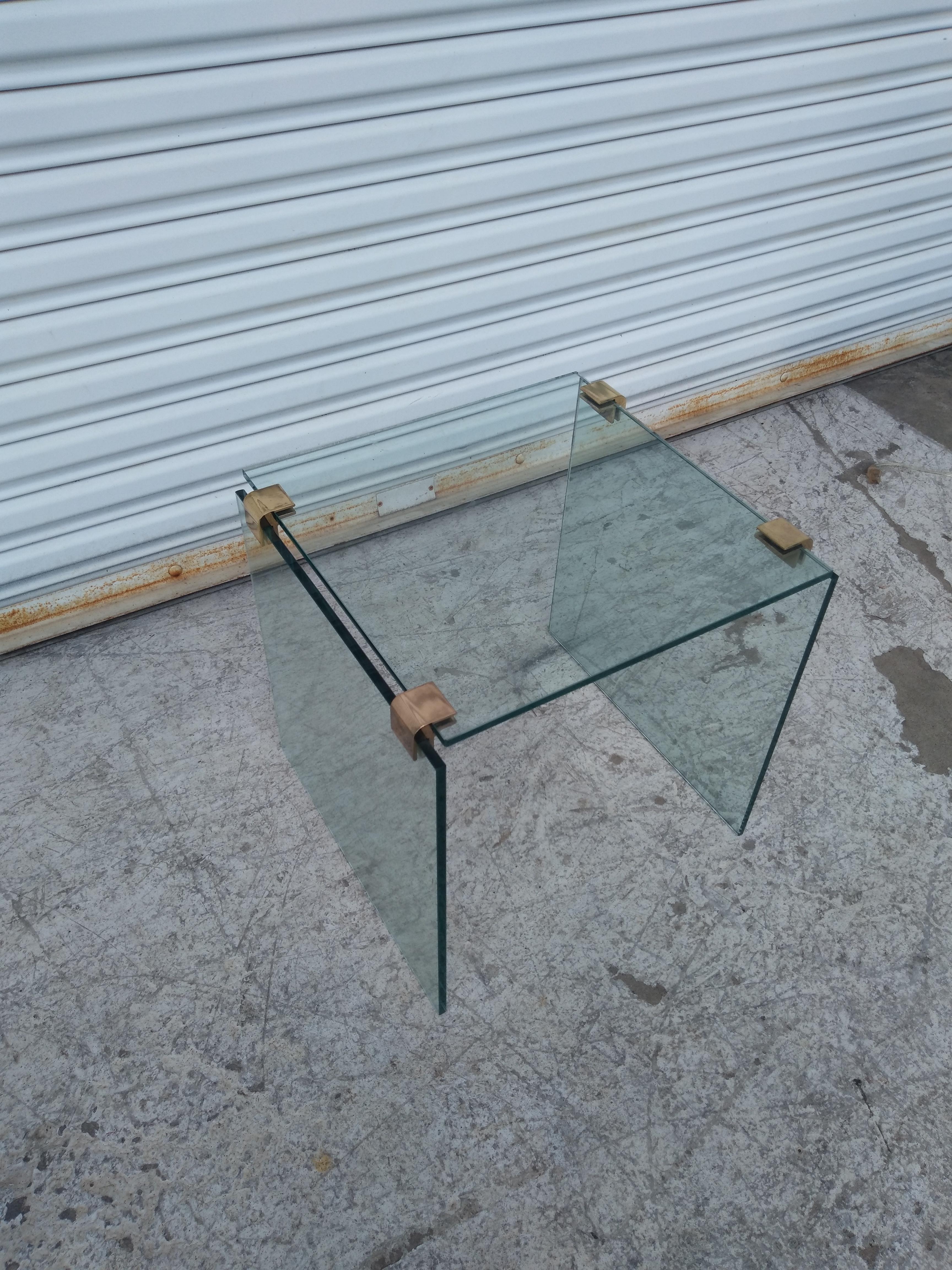 Mid-Century Modern Pace Collection Style Glass Table with Brass Accents For Sale