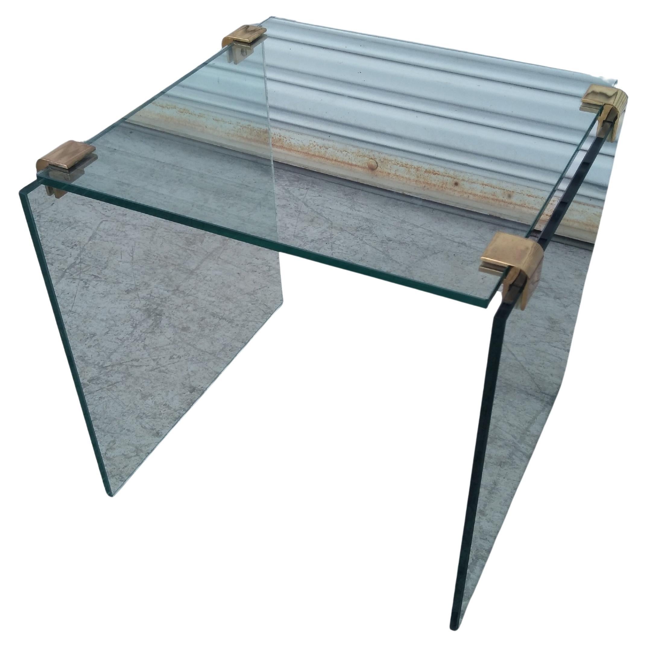 Pace Collection Style Glass Table with Brass Accents For Sale
