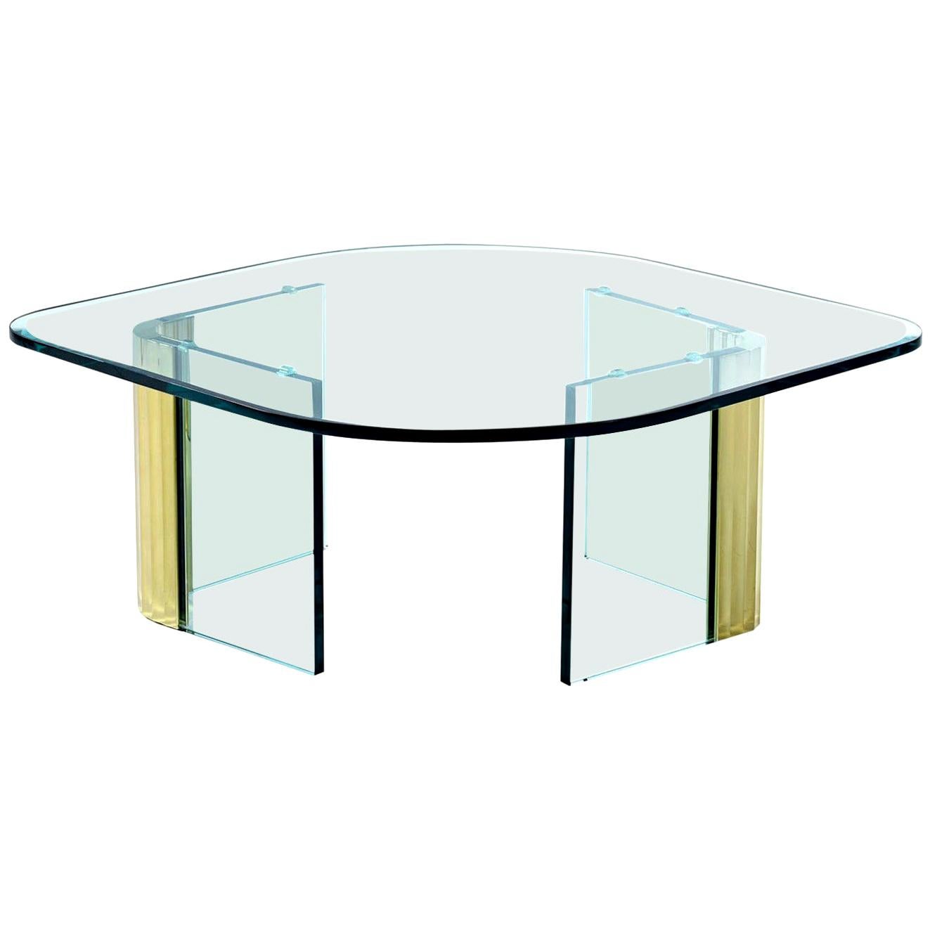 Pace Collection Waterfall Scalloped Brass and Glass Coffee Table by Leon Rosen For Sale