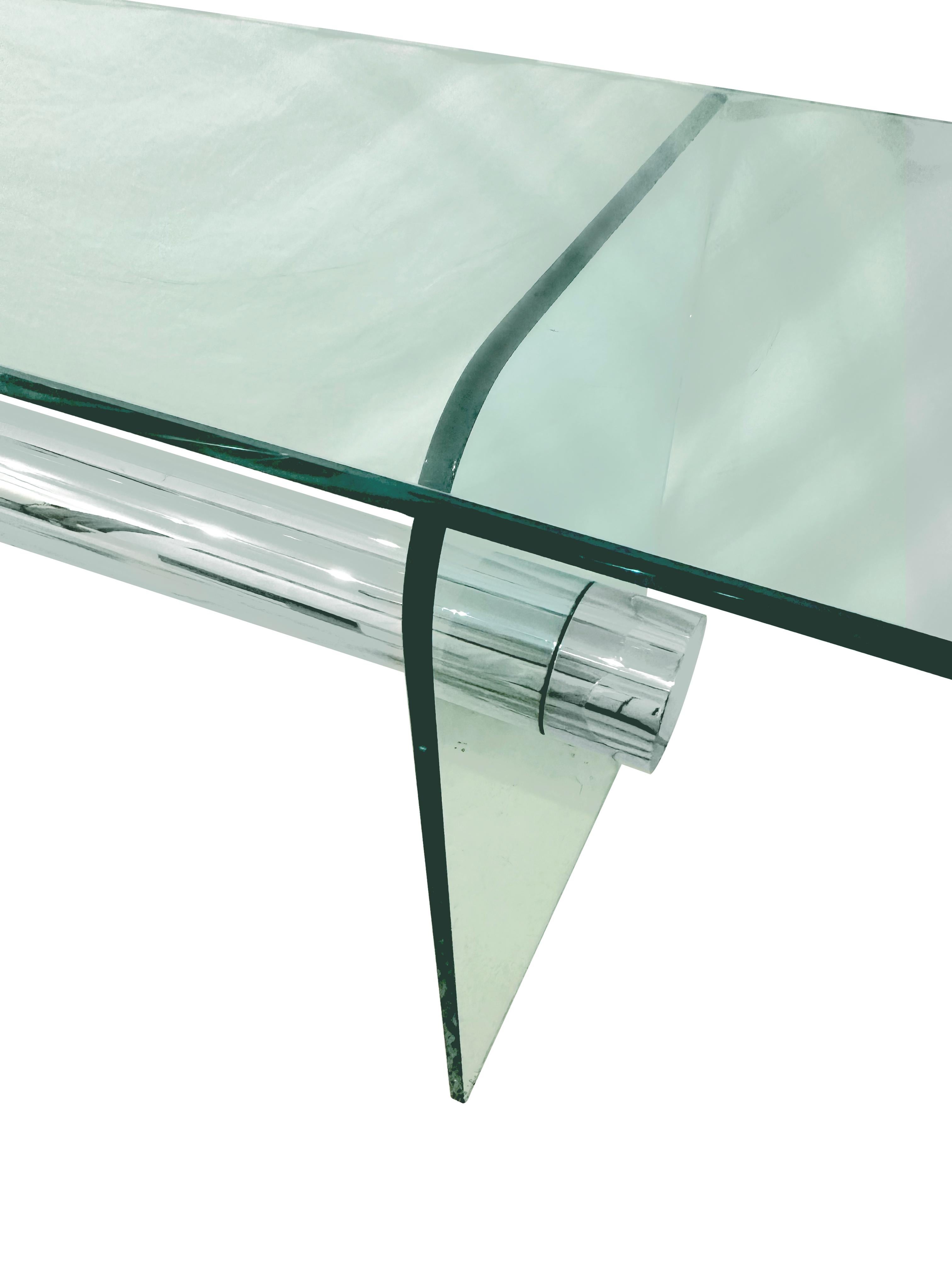 Leon Rosen for Pace Collection Vintage Oversized Console Table

1970s

Glass Top with Chrome Tube

Chrome Tubular Design in Base with Glass 
