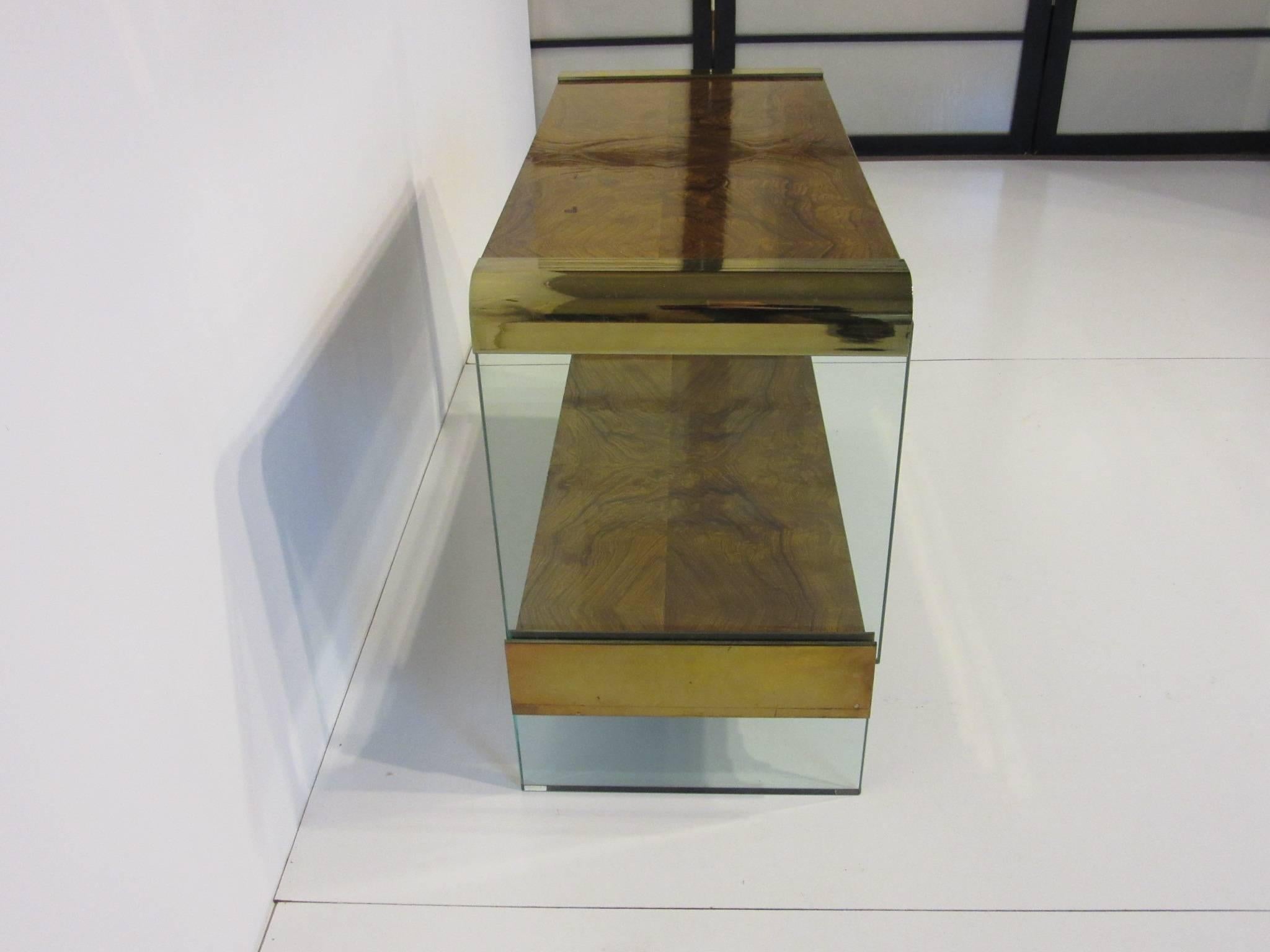 Pace Designed Small Glass, Brass and Burl Wood Console Table In Excellent Condition In Cincinnati, OH
