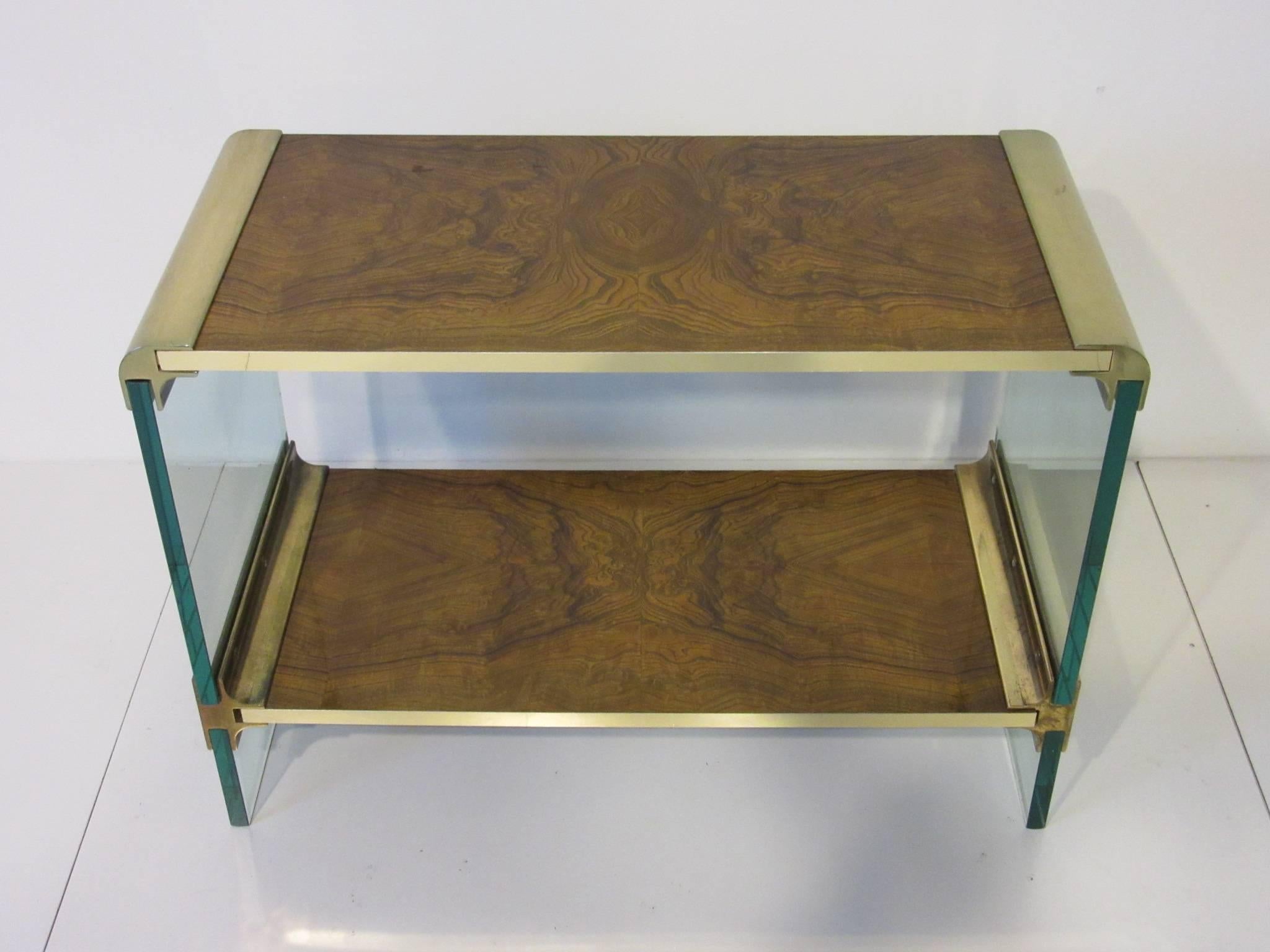 20th Century Pace Designed Small Glass, Brass and Burl Wood Console Table
