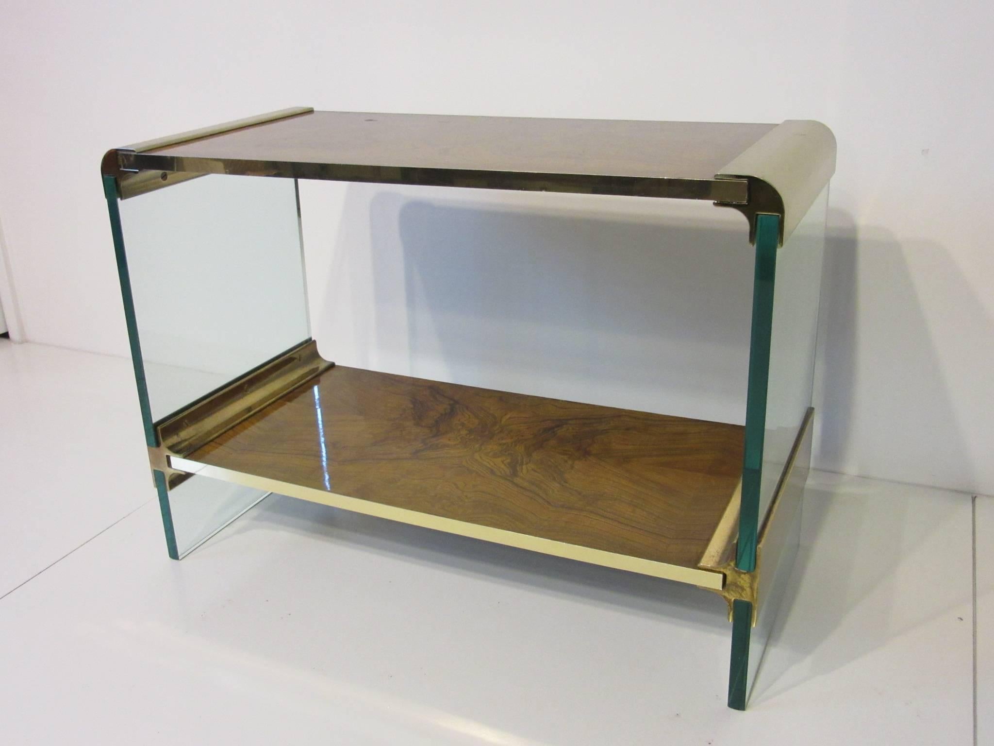 Pace Designed Small Glass, Brass and Burl Wood Console Table 1