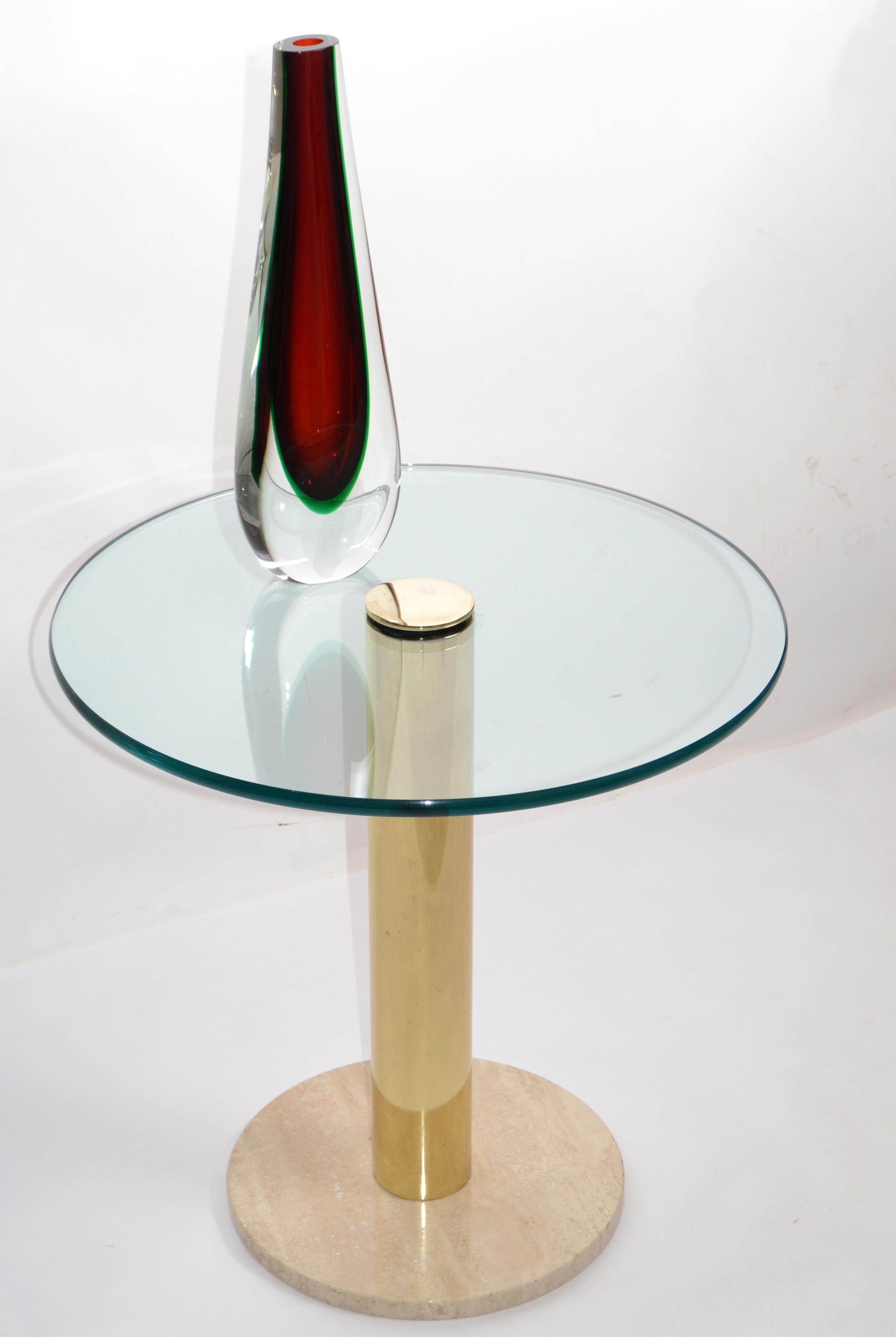 Pace Italy Round Brass, Travertine Marble Base & Glass Top Side, Drink Table 70  3