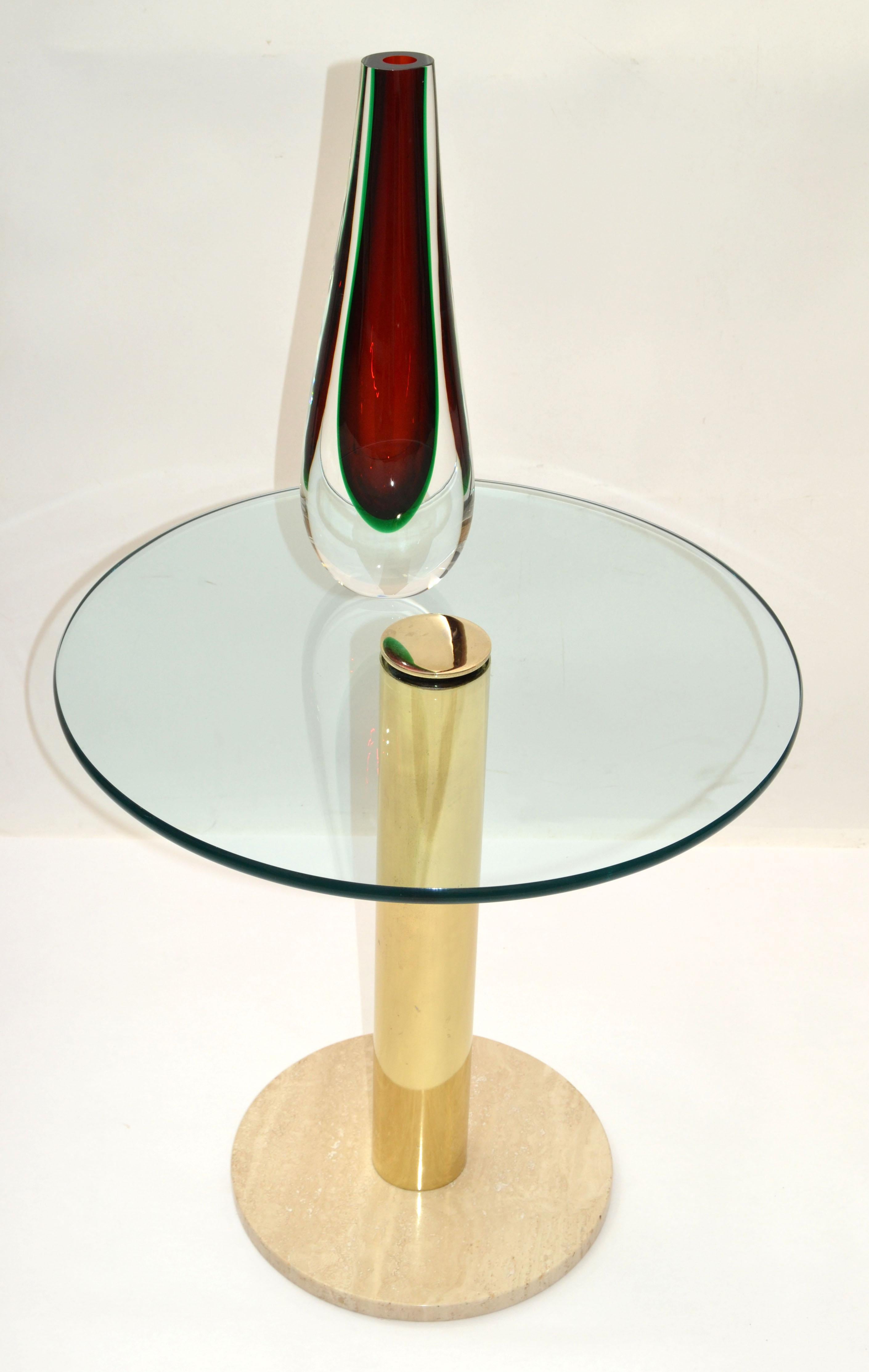 Elegant drink table or side table by Pace Collection Italy in polished Brass with round Travertine marble beige color base and round 20 inches glass top.
No markings.