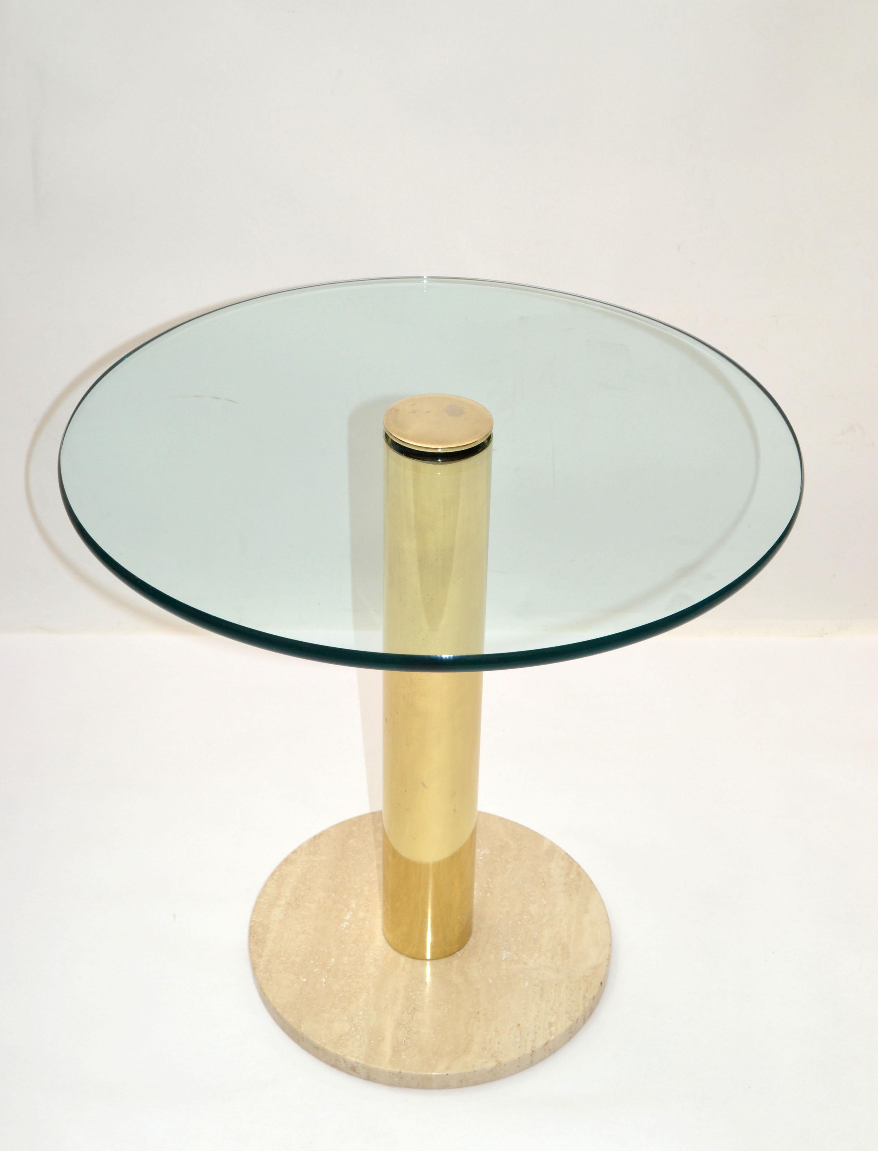 Mid-Century Modern Pace Italy Round Brass, Travertine Marble Base & Glass Top Side, Drink Table 70 