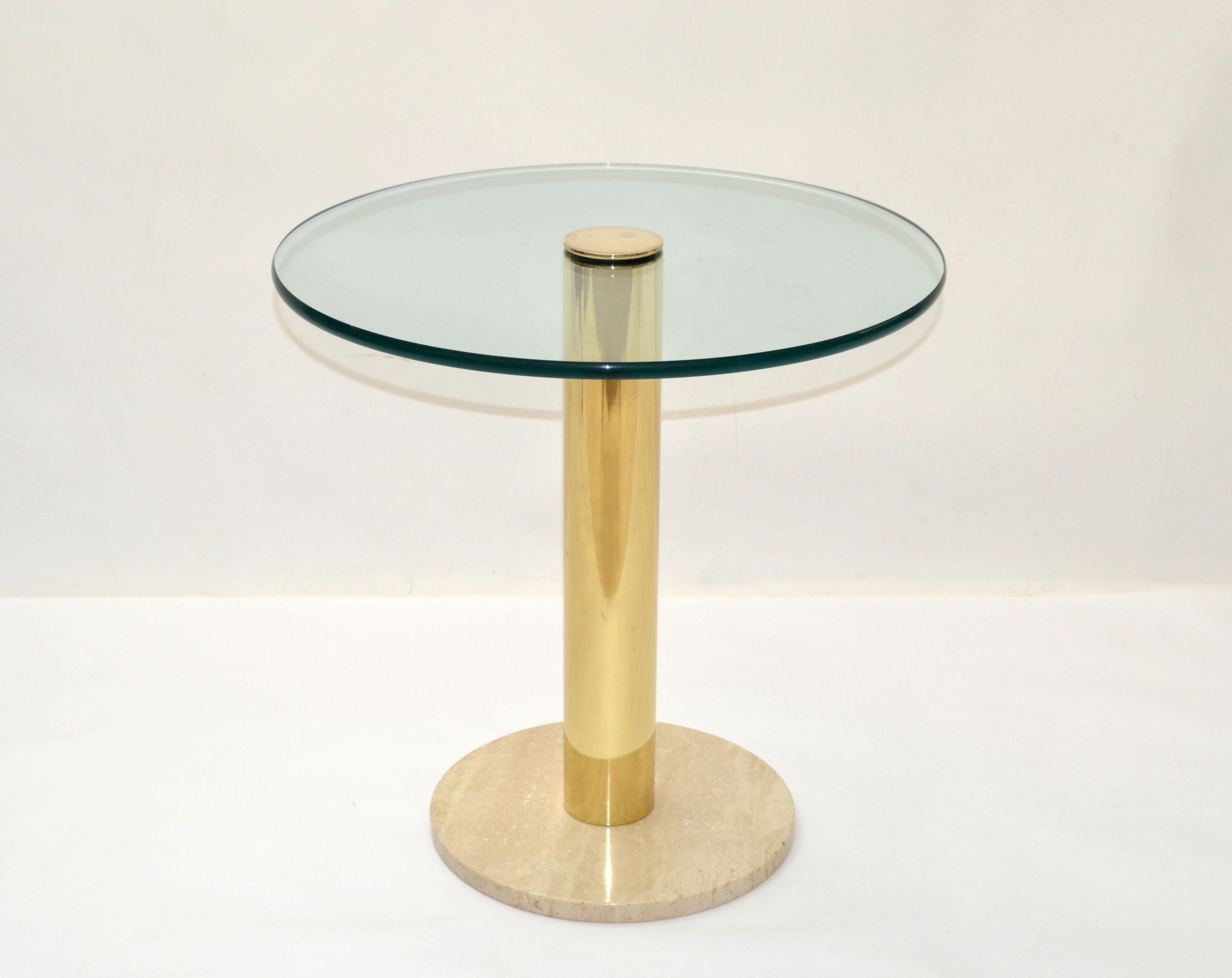 Italian Pace Italy Round Brass, Travertine Marble Base & Glass Top Side, Drink Table 70 