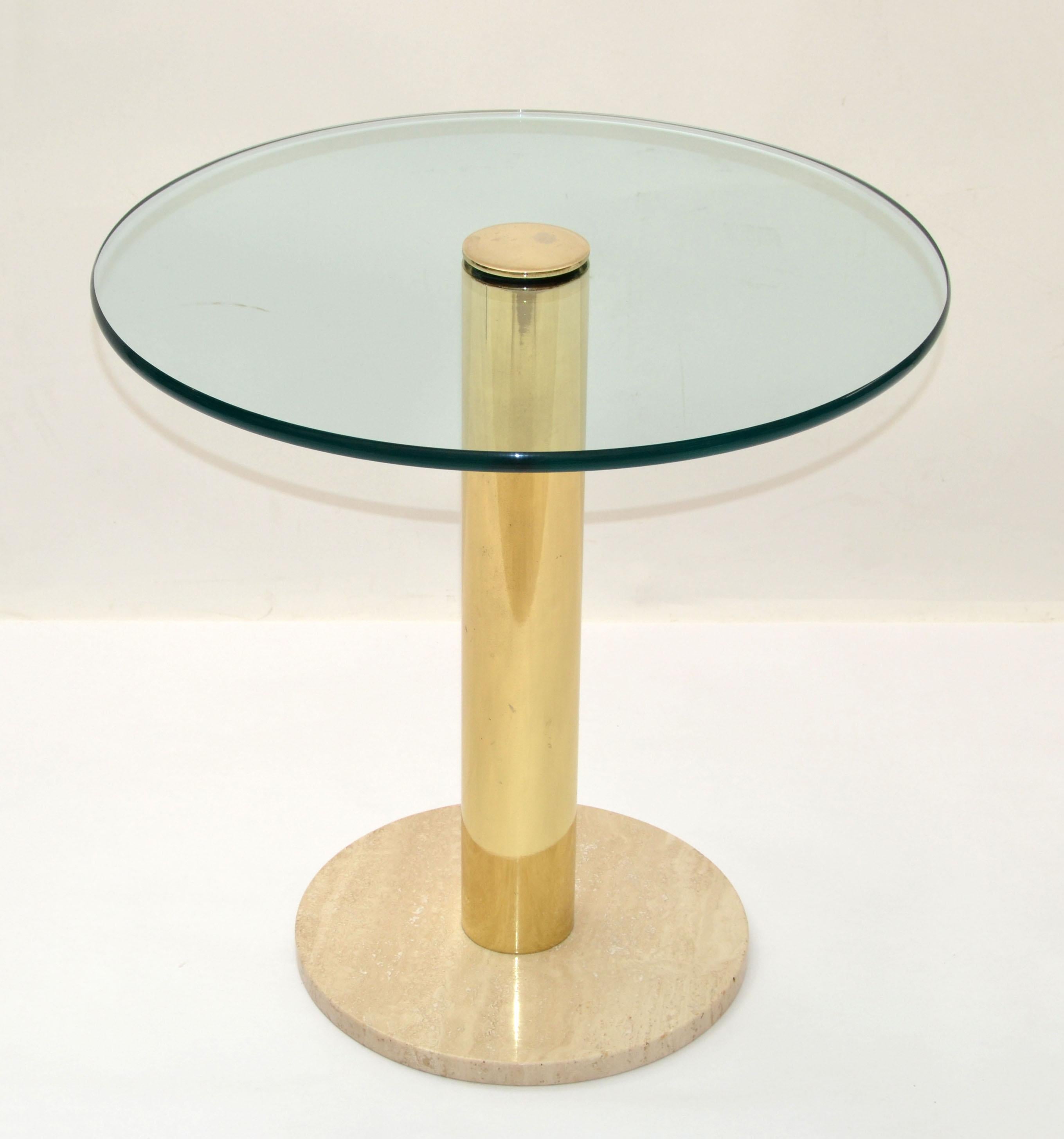 Polished Pace Italy Round Brass, Travertine Marble Base & Glass Top Side, Drink Table 70 