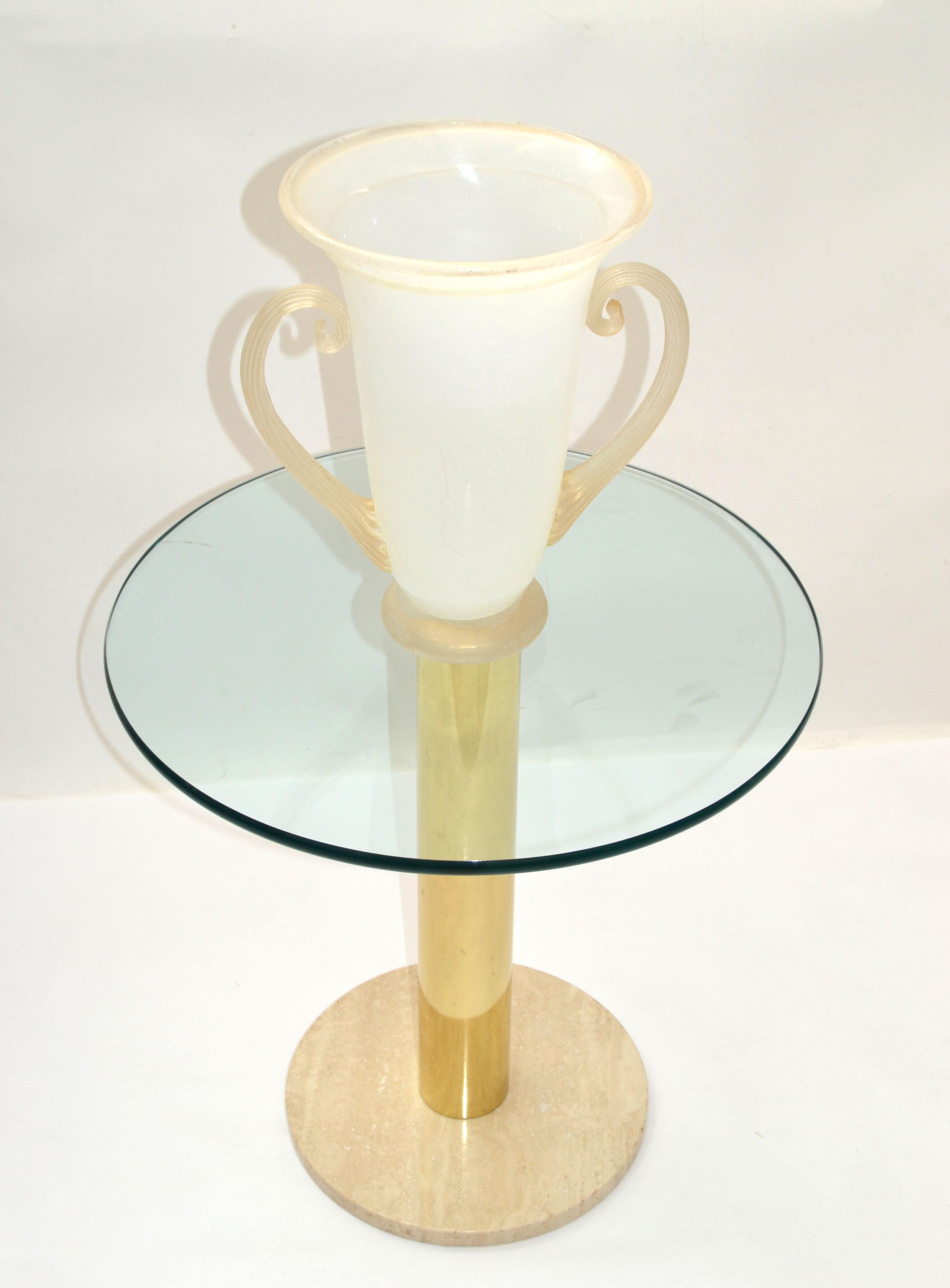 Pace Italy Round Brass, Travertine Marble Base & Glass Top Side, Drink Table 70  1