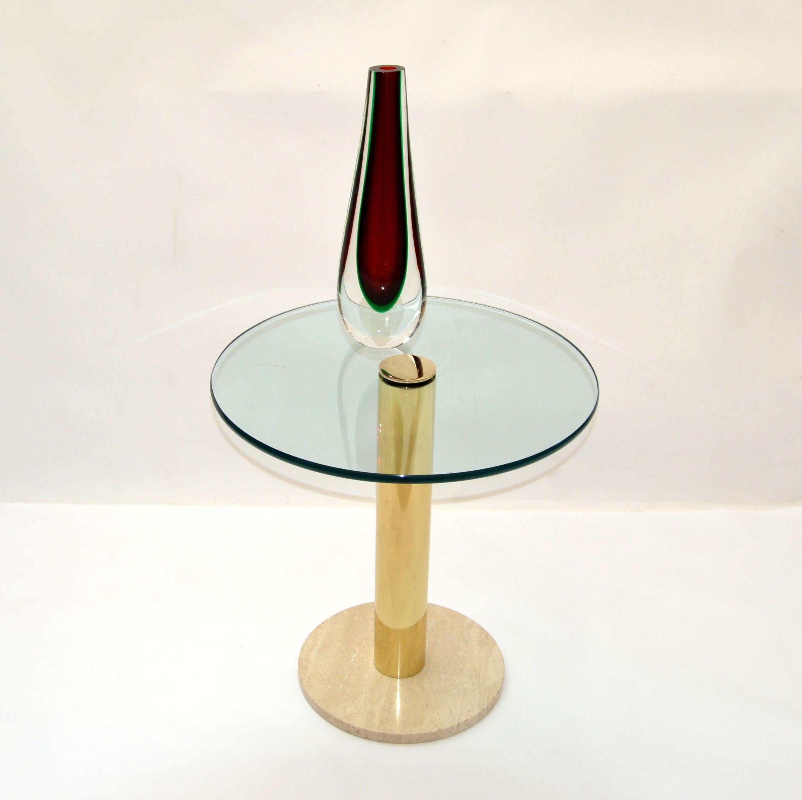 Pace Italy Round Brass, Travertine Marble Base & Glass Top Side, Drink Table 70  2