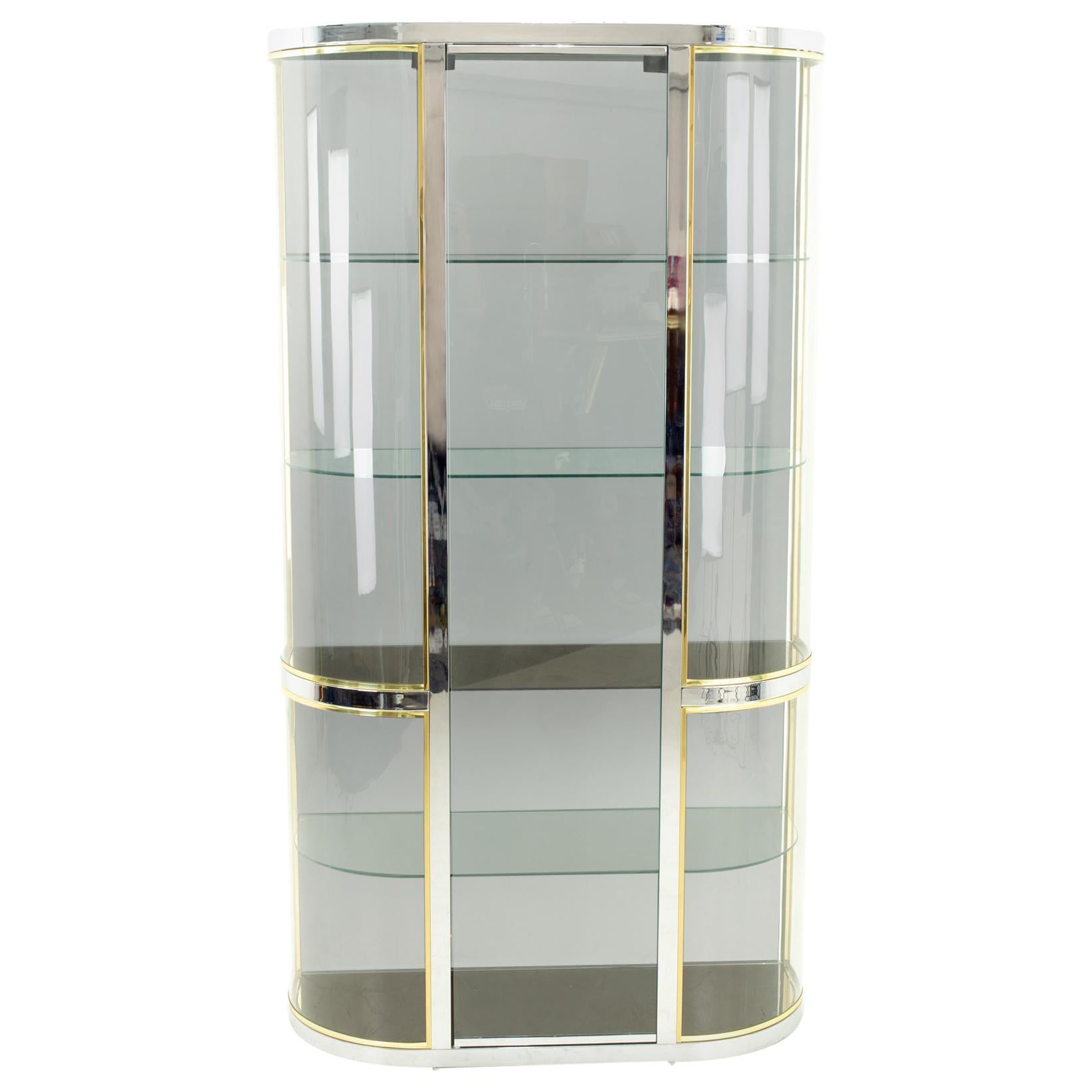 Pace Mid Century Brass Curved Glass Display Case Shelving