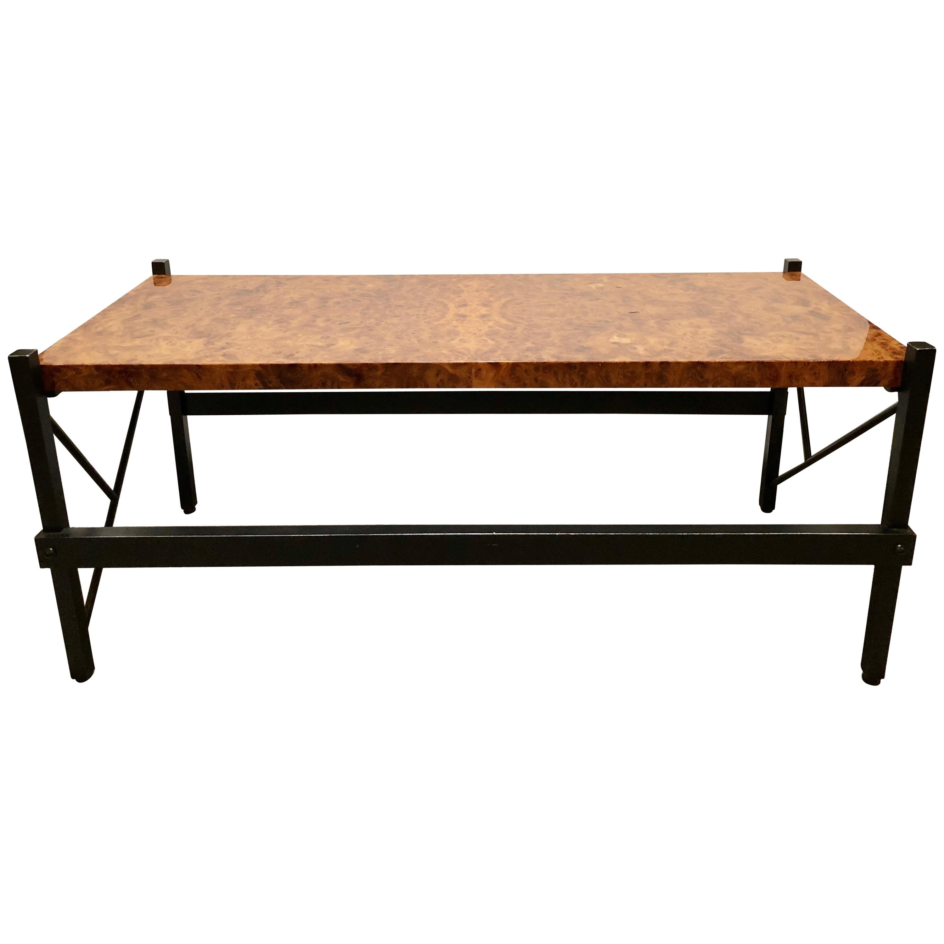 Pace Modern Coffee or Low Table Burl-Veneer Wood Top Metal Base