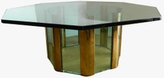 Pace Octagonal Mid-Century Modern Glass & Brass Coffee Table Heavy Glass Top