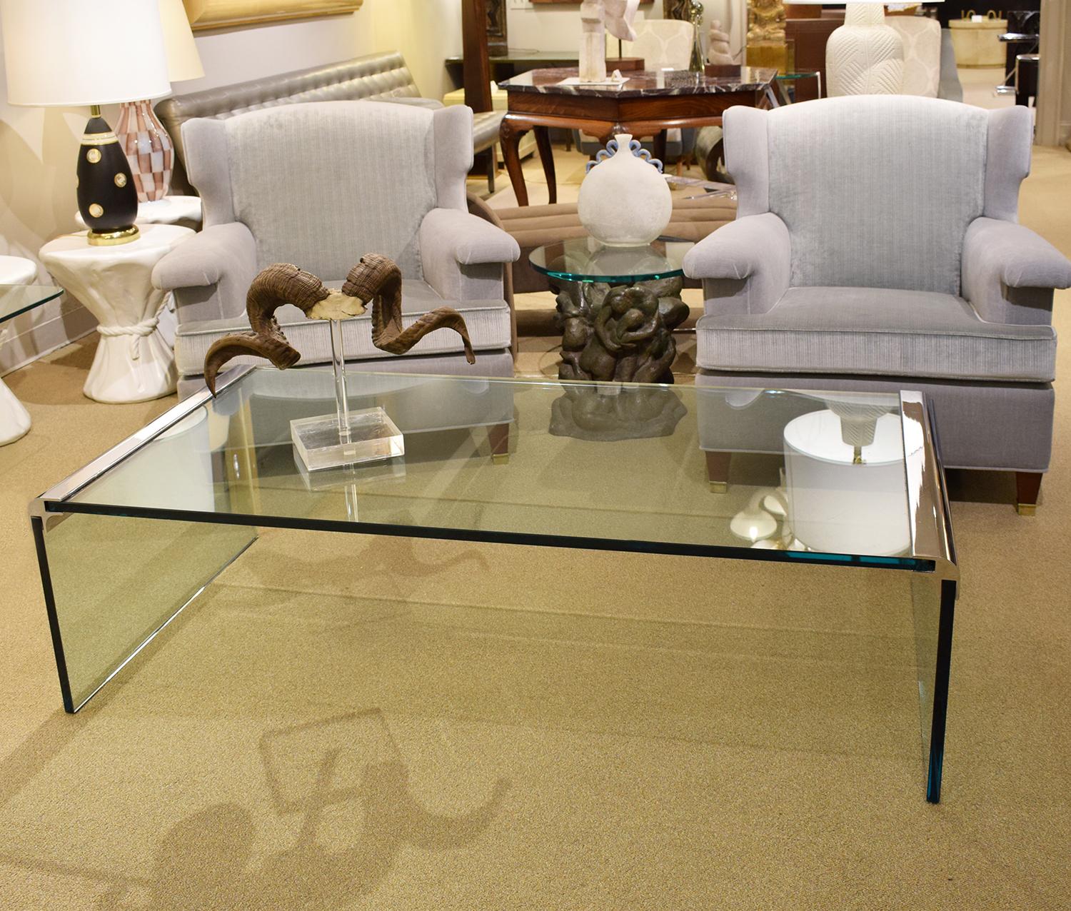 Hand-Crafted Pace Sleek Glass and Chrome Waterfall Coffee Table 1970s