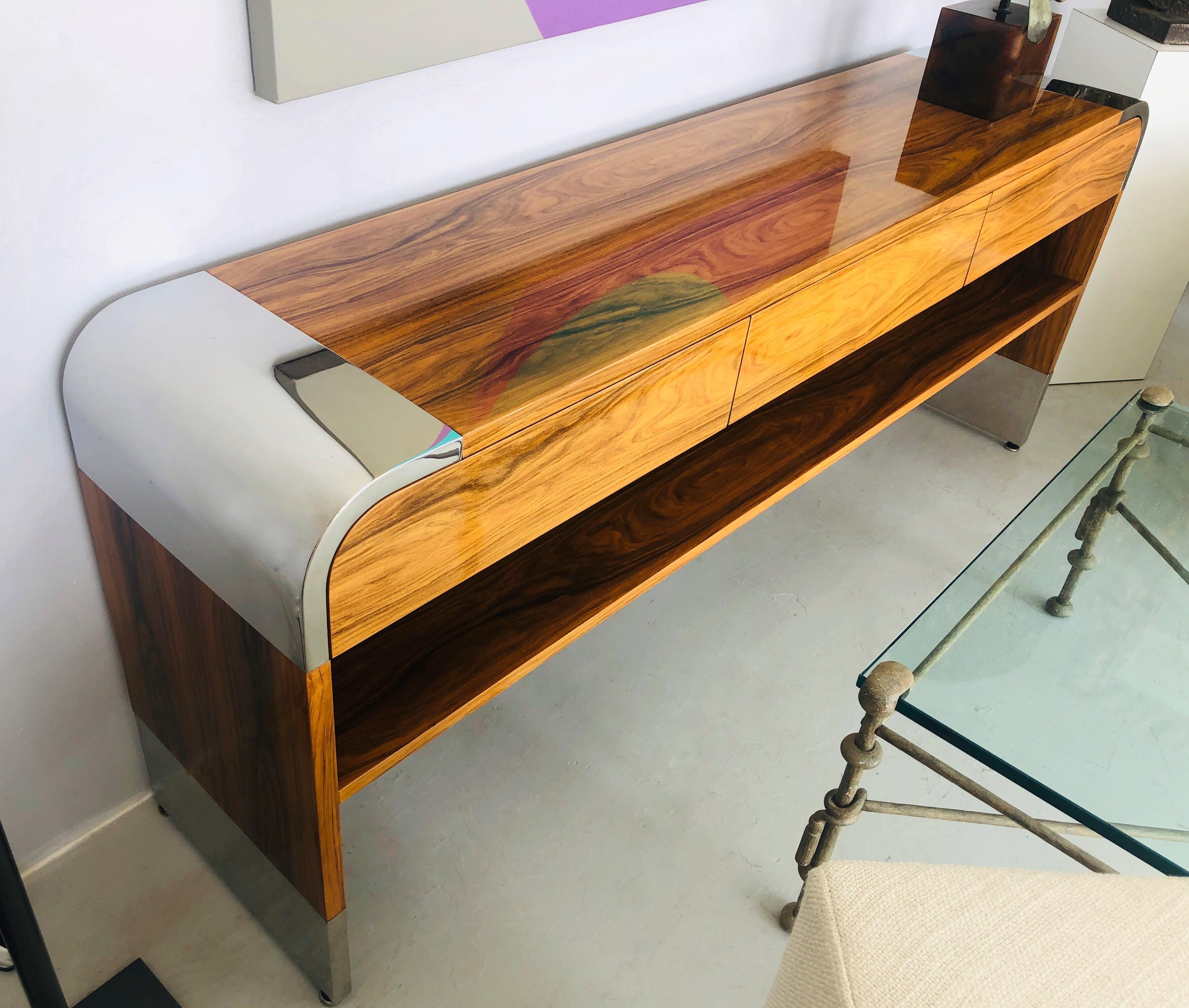 American Pace Stainless Steel and Wood Console Table, 1970s