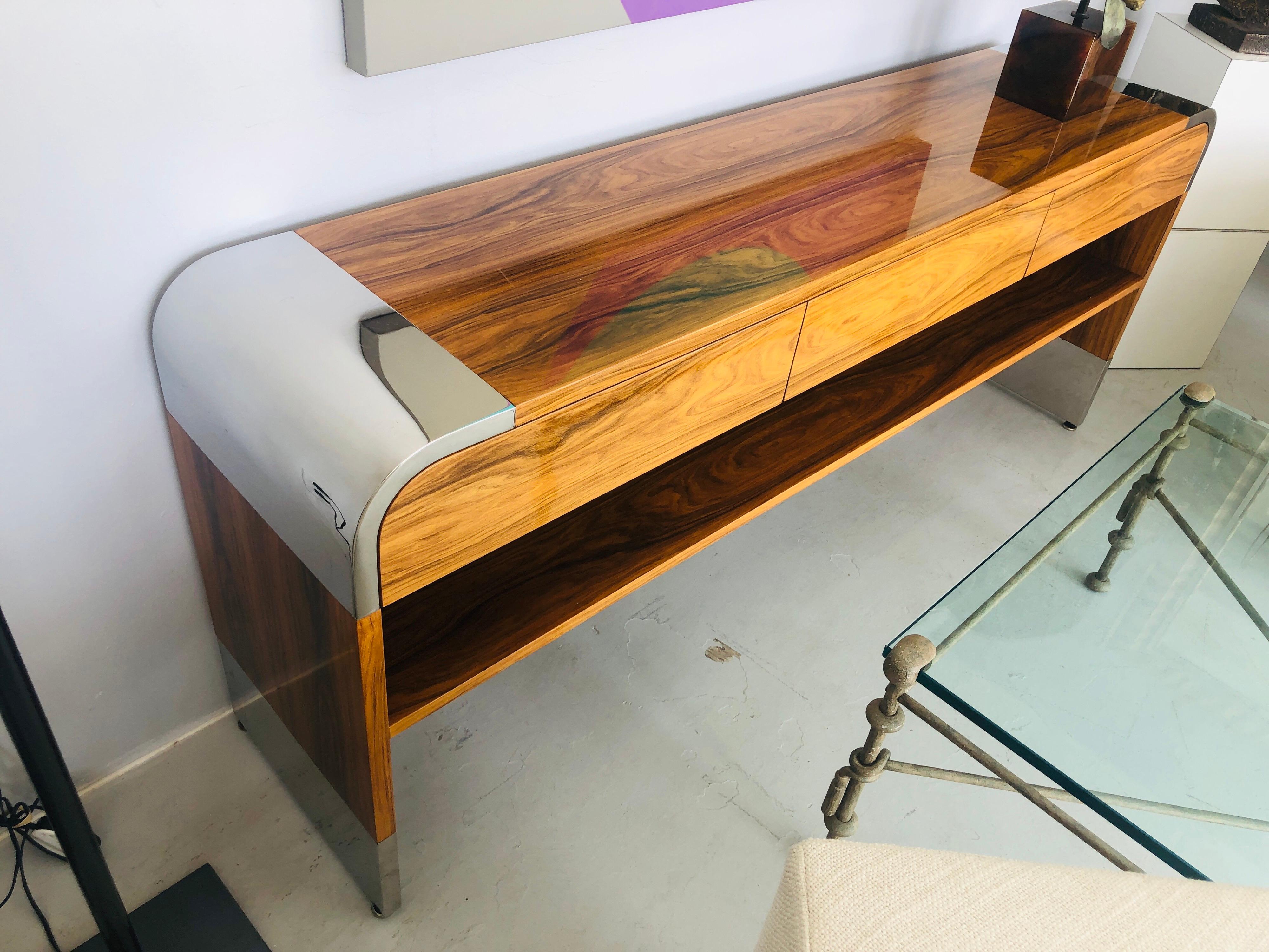 Late 20th Century Pace Stainless Steel and Wood Console Table, 1970s