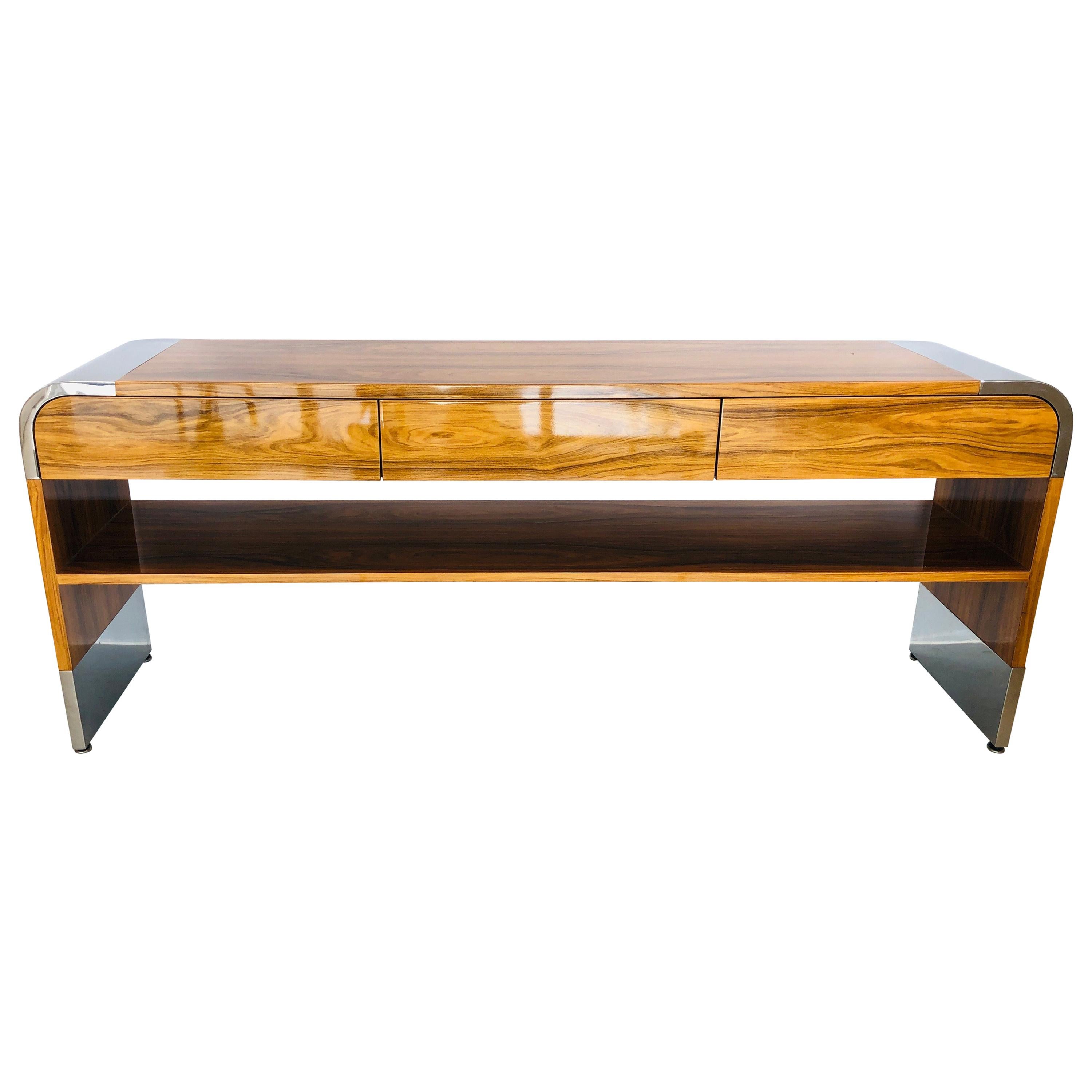 Pace Stainless Steel and Wood Console Table, 1970s