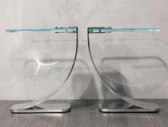 Pace Style Cantilevered Side Table in Polished Steel with Glass Top