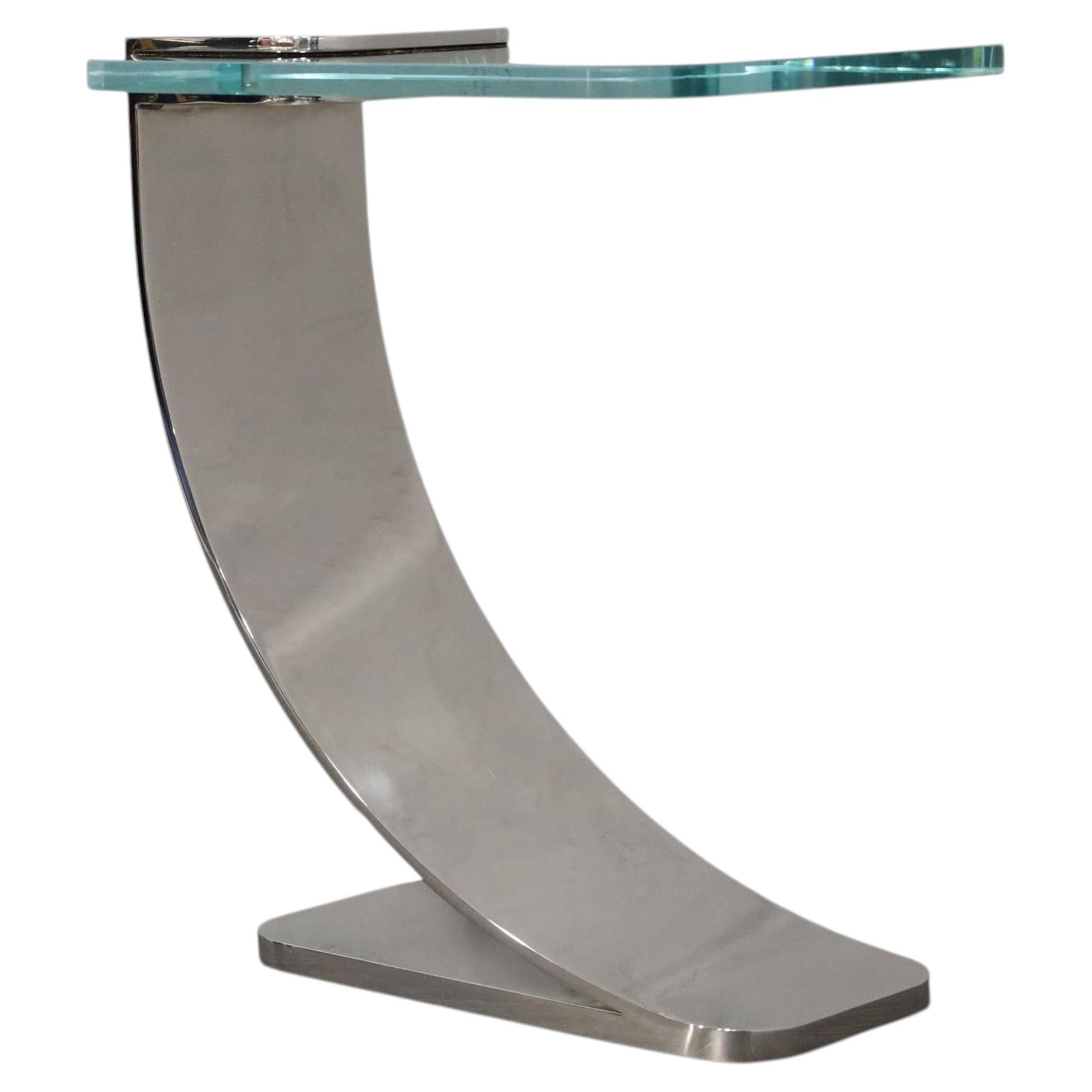 Pace Style Cantilevered Side Table in Polished Steel with Glass Top