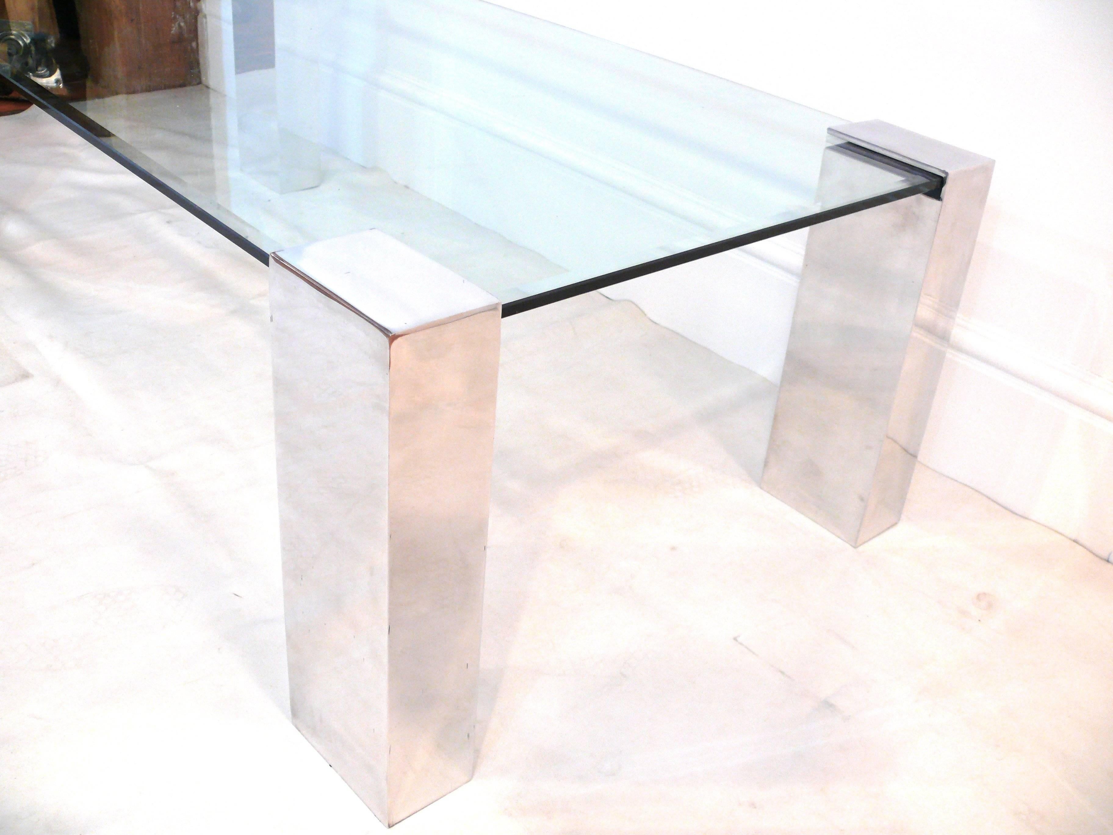 Pace style coffee table with chunky polished aluminum rectangular shaped legs and new inset glass top. Will support many different size glass tops. Legs are each 3