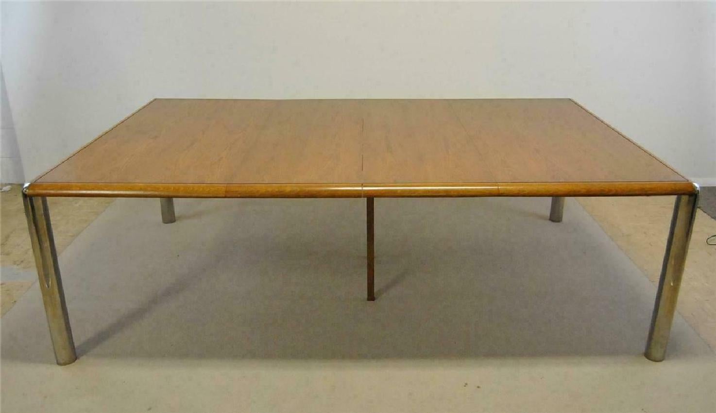 Pace Style Mid-Century Modern Oak and Chrome Dining Table, with Leaves In Good Condition For Sale In Toledo, OH