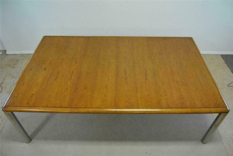20th Century Pace Style Mid-Century Modern Oak and Chrome Dining Table, with Leaves For Sale
