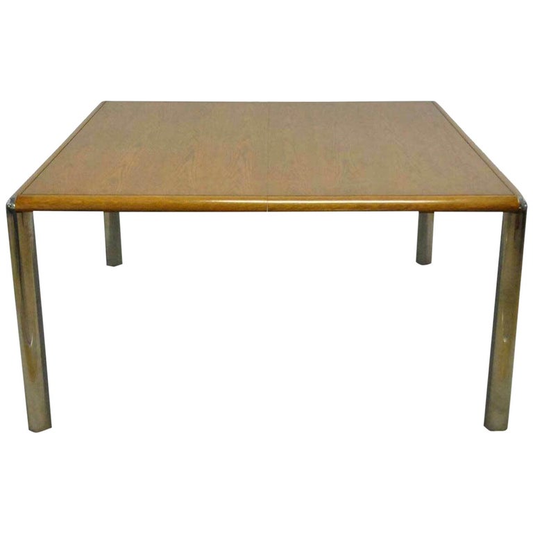 Pace Style Mid-Century Modern Oak and Chrome Dining Table, with Leaves For Sale