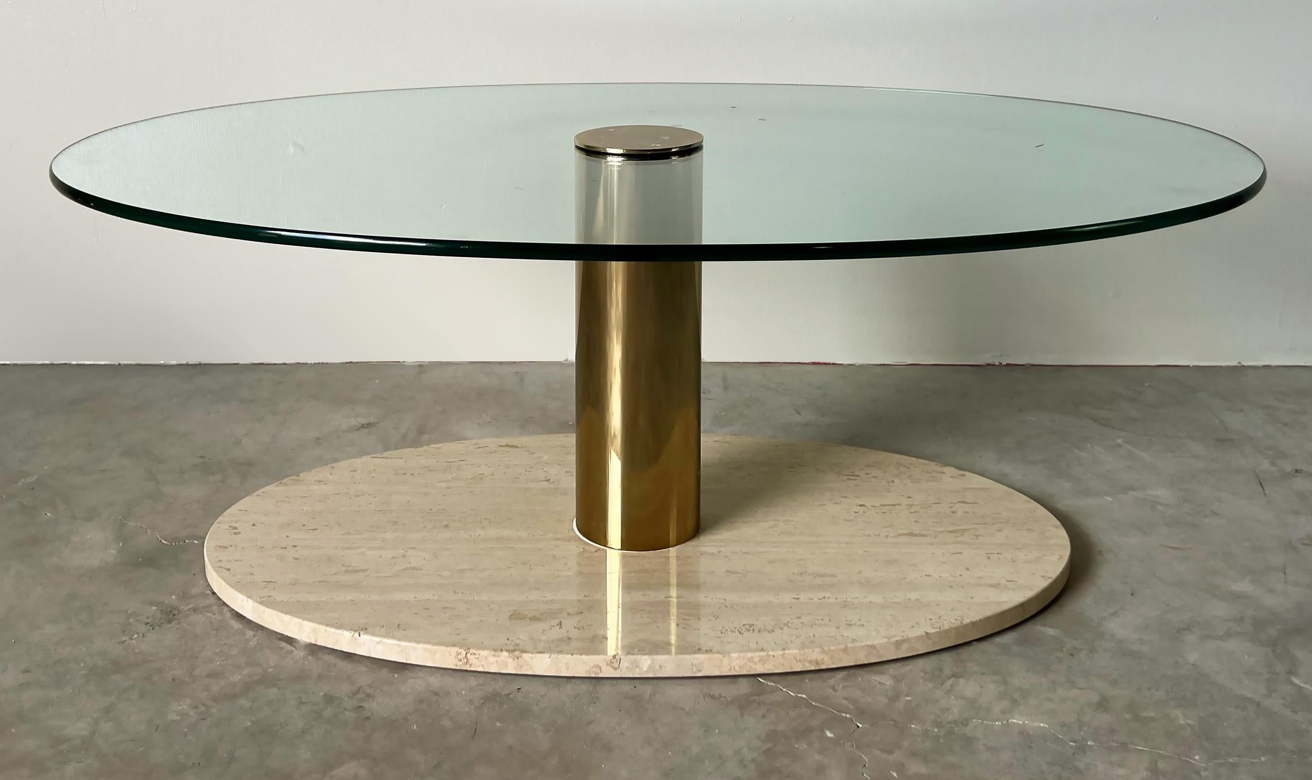 Post-Modern Pace Vintage Postmodern Travertine, Brass Coffee Table with Glass Top For Sale