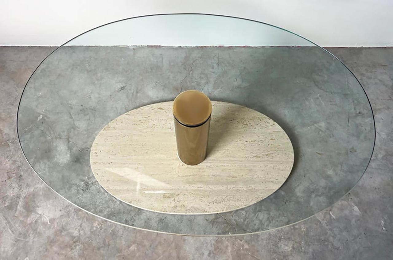 Pace Vintage Postmodern Travertine, Brass Coffee Table with Glass Top In Good Condition For Sale In Miami, FL