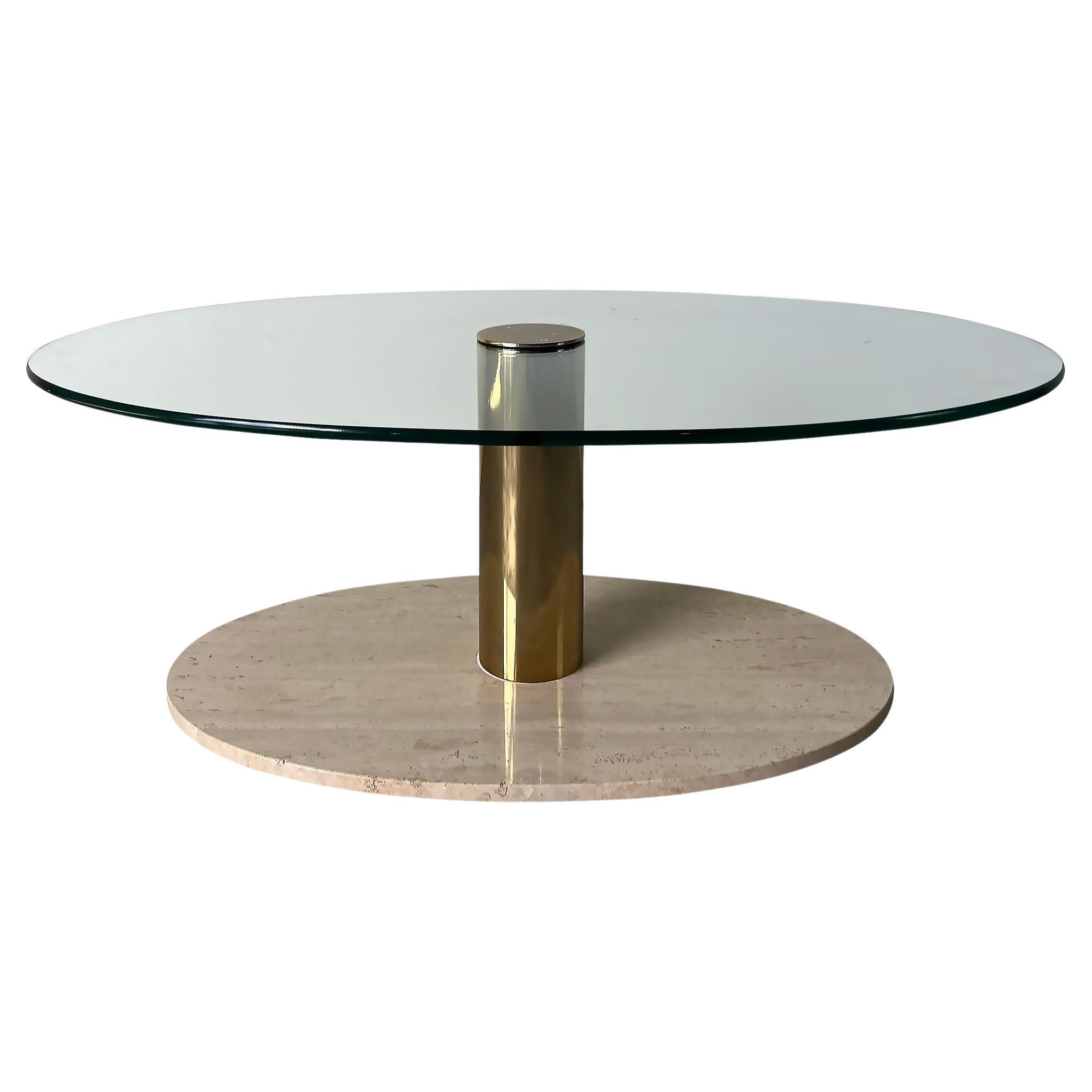 Pace Vintage Postmodern Travertine, Brass Coffee Table with Glass Top For Sale