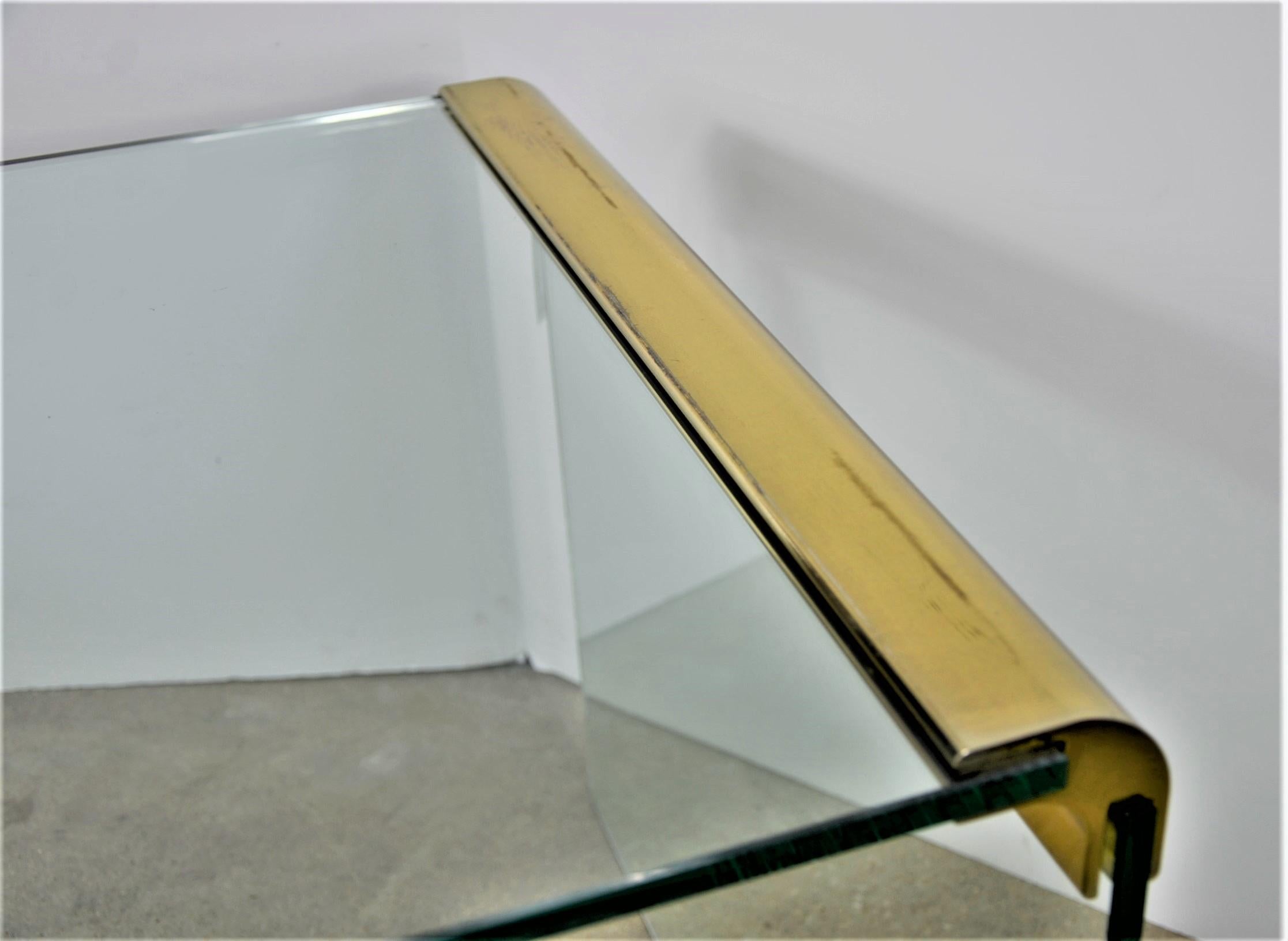 Pace Waterfall 3 Sided Glass Sheet Held by Brass Bars End or Side Table For Sale 11