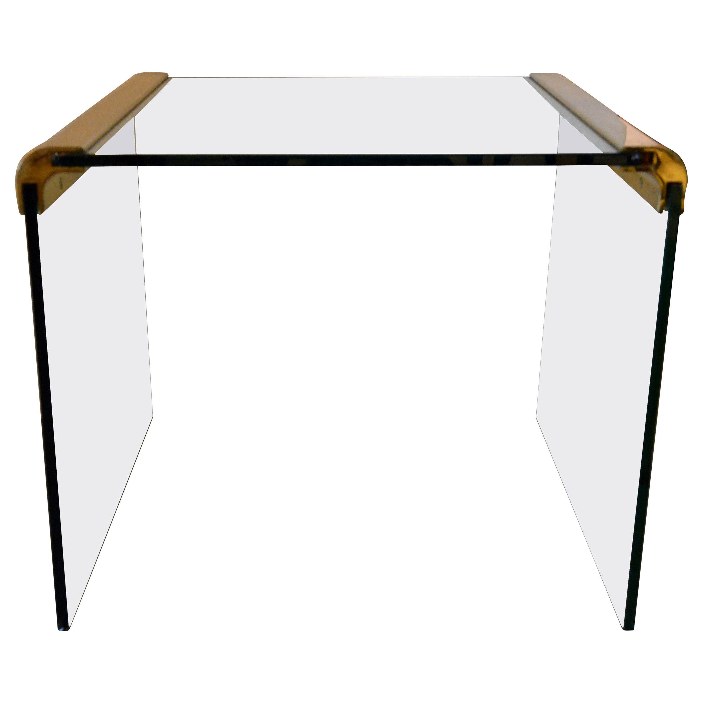 Pace Waterfall 3 Sided Glass Sheet Held by Brass Bars End or Side Table For Sale