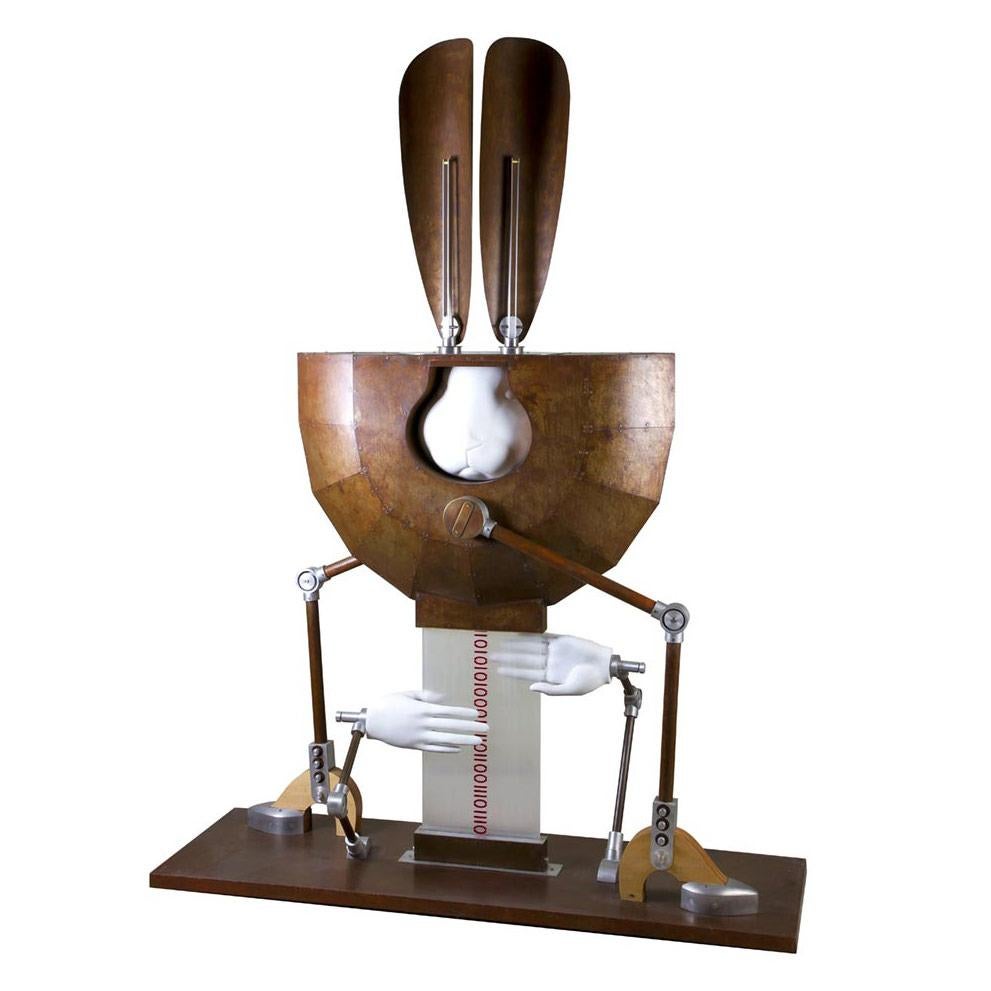 Presentiamo Pachamama, una straordinaria scultura del famoso artista Pablo Amoedo. Questo pezzo intricato è una straordinaria fusione di materiali, tra cui ferro, alluminio, legno laminato, epossidico, bronzo e acrilico, che mette in mostra