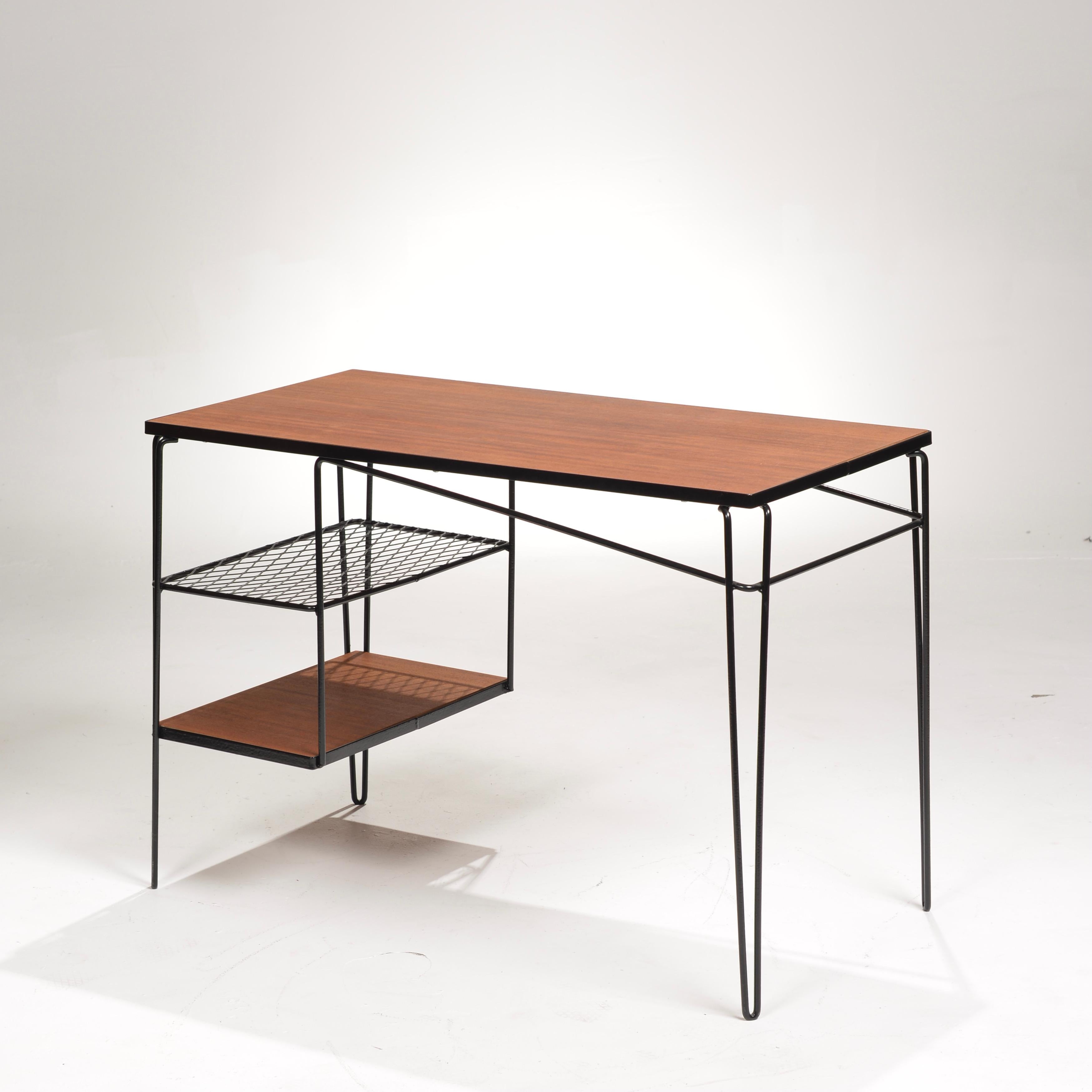 Cut Steel Pacific Design School Mahogany Desk by Thin Line of Los Angeles For Sale
