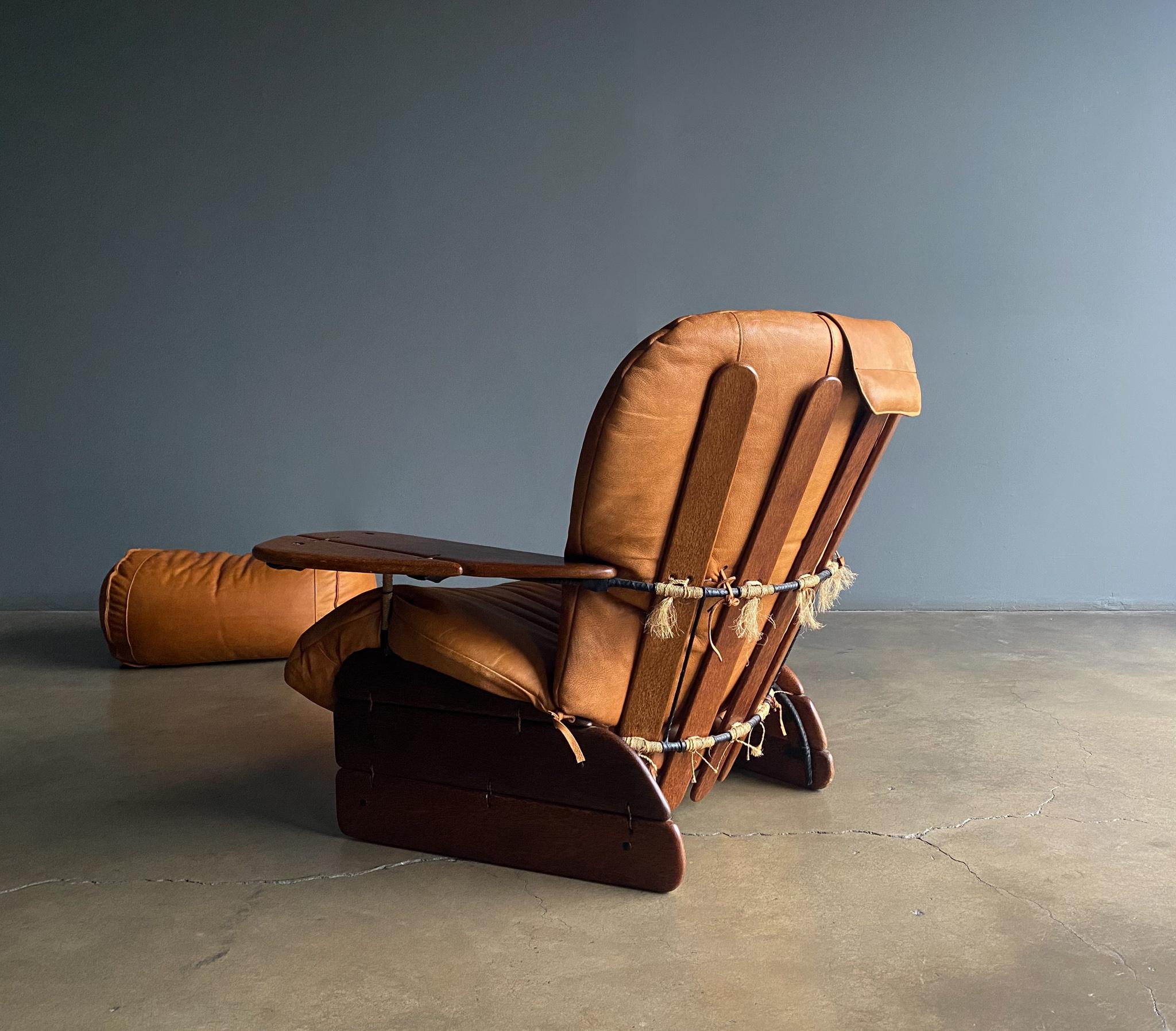 Pacific Green Cognac Leather & Palmwood Havana Lounge Chair & Ottoman, 1990's 4
