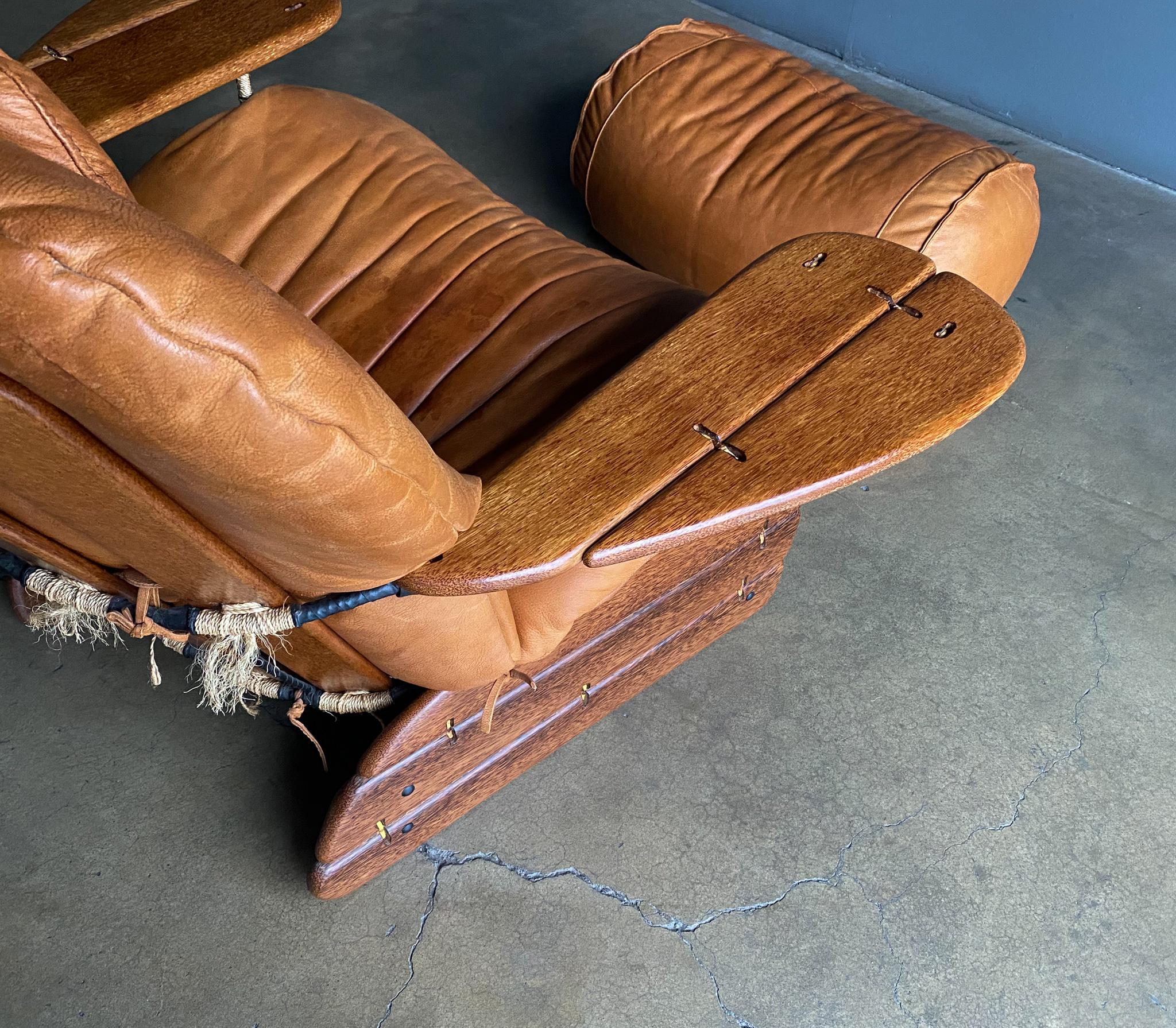 Pacific Green Cognac Leather & Palmwood Havana Lounge Chair & Ottoman, 1990's 9