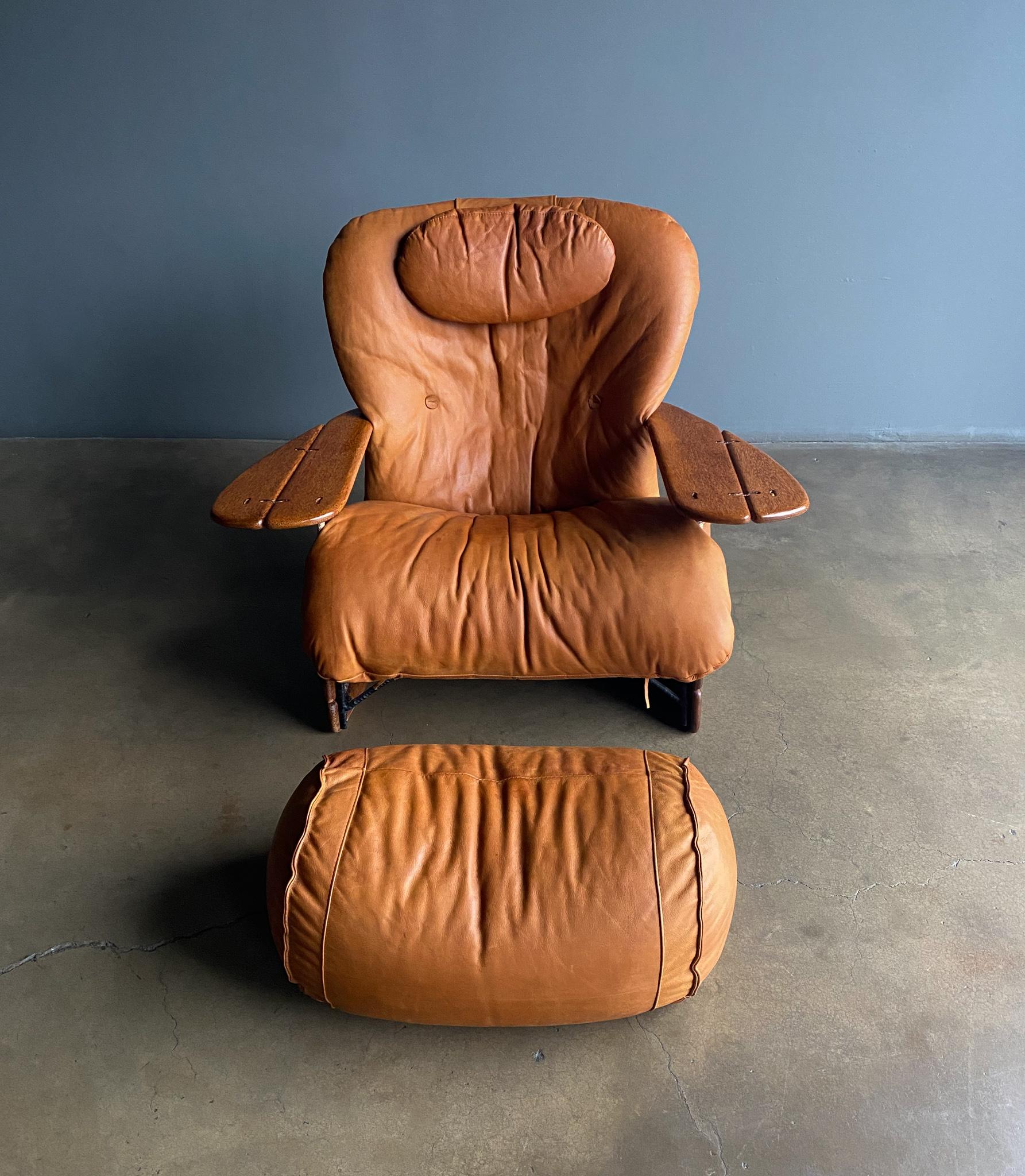 Pacific Green Cognac Leather & Palmwood Havana Lounge Chair & Ottoman, 1990's 10