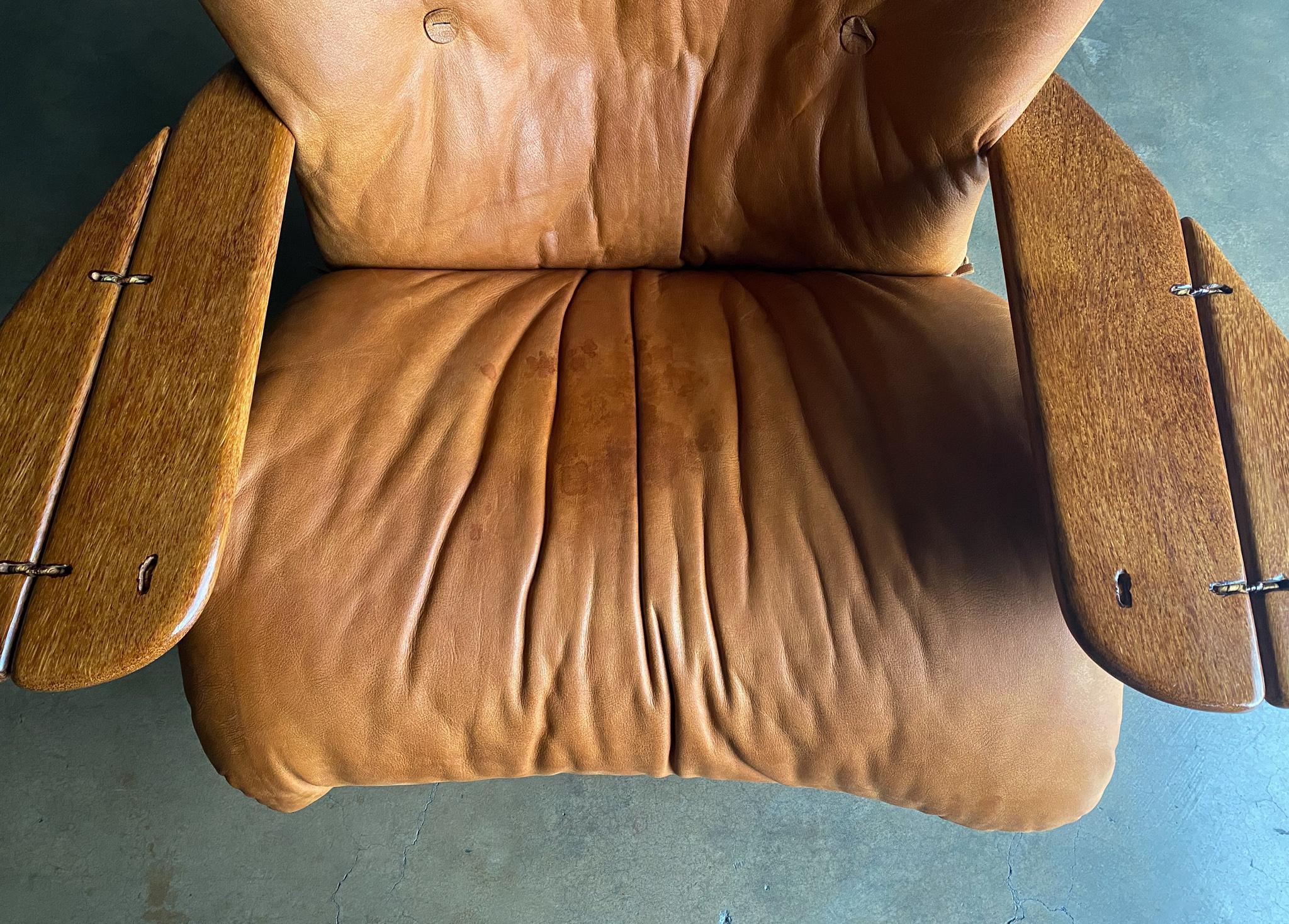 Pacific Green Cognac Leather & Palmwood Havana Lounge Chair & Ottoman, 1990's 11