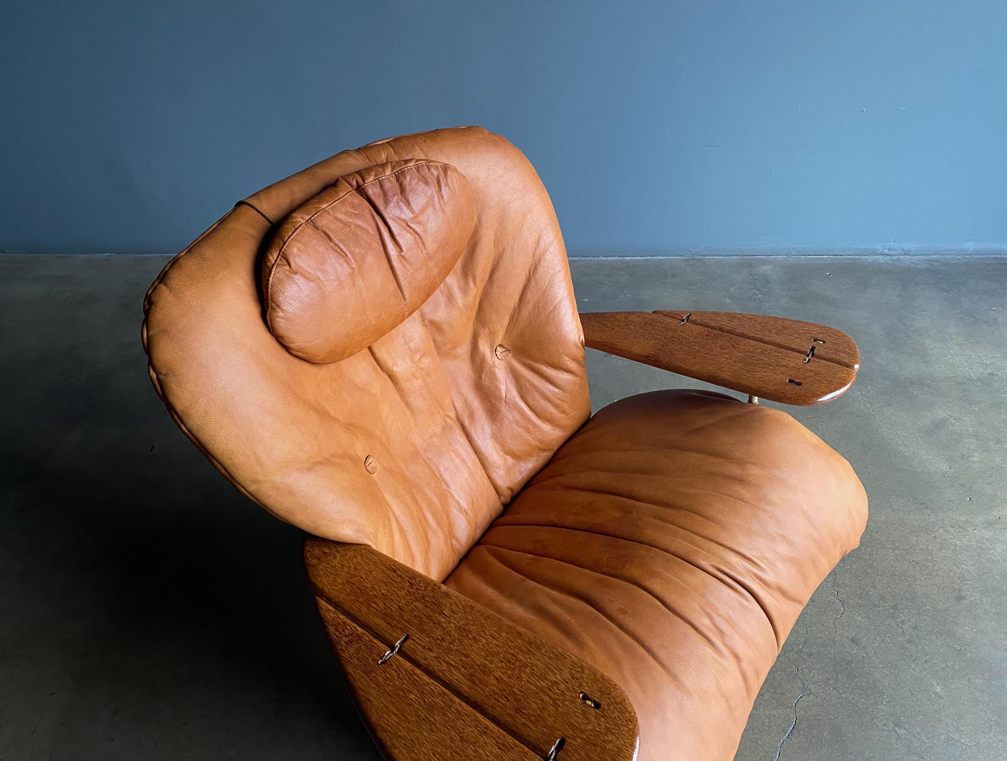 Pacific Green Cognac Leather & Palmwood Havana Lounge Chair & Ottoman, 1990's 13