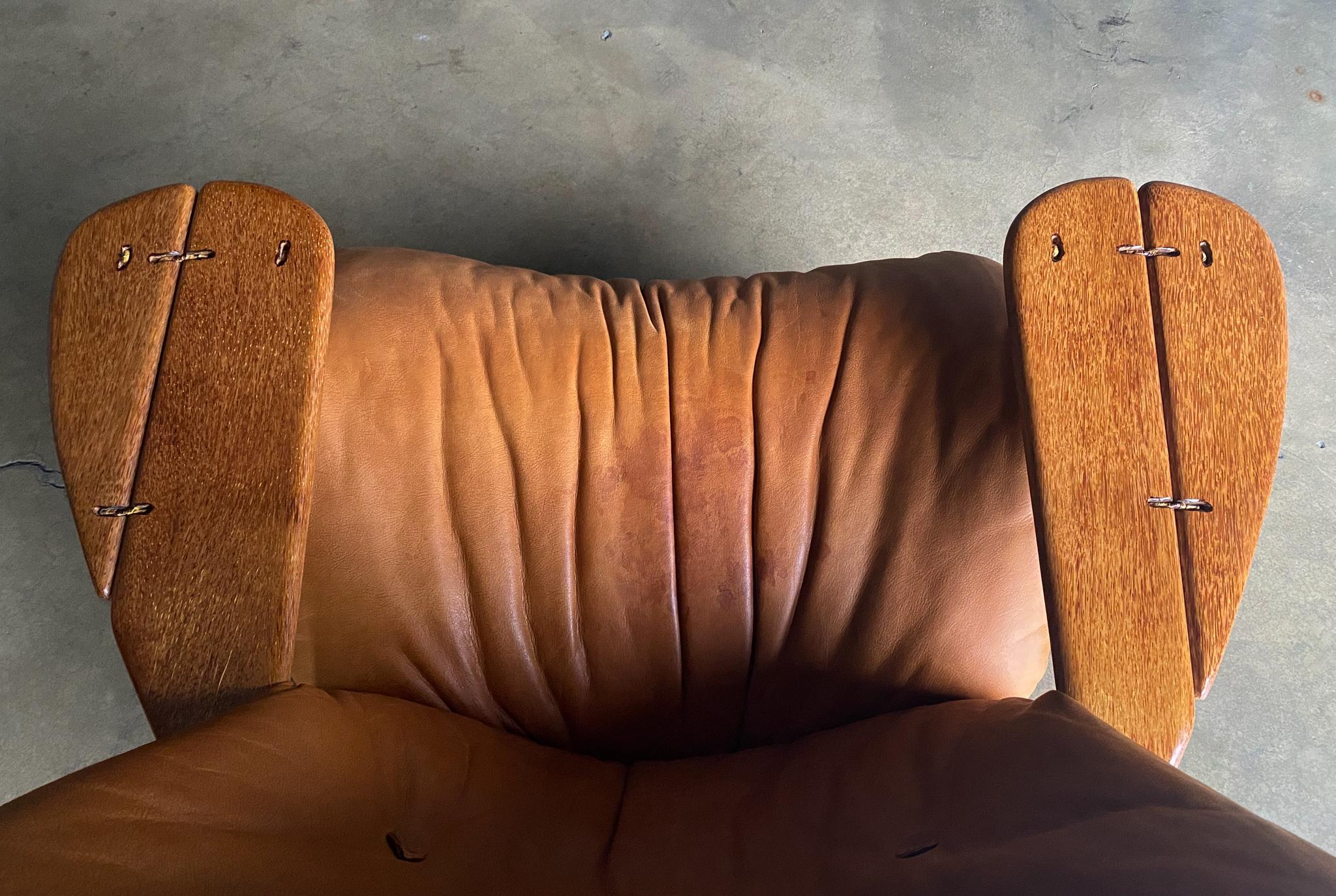 Pacific Green Cognac Leather & Palmwood Havana Lounge Chair & Ottoman, 1990's 14
