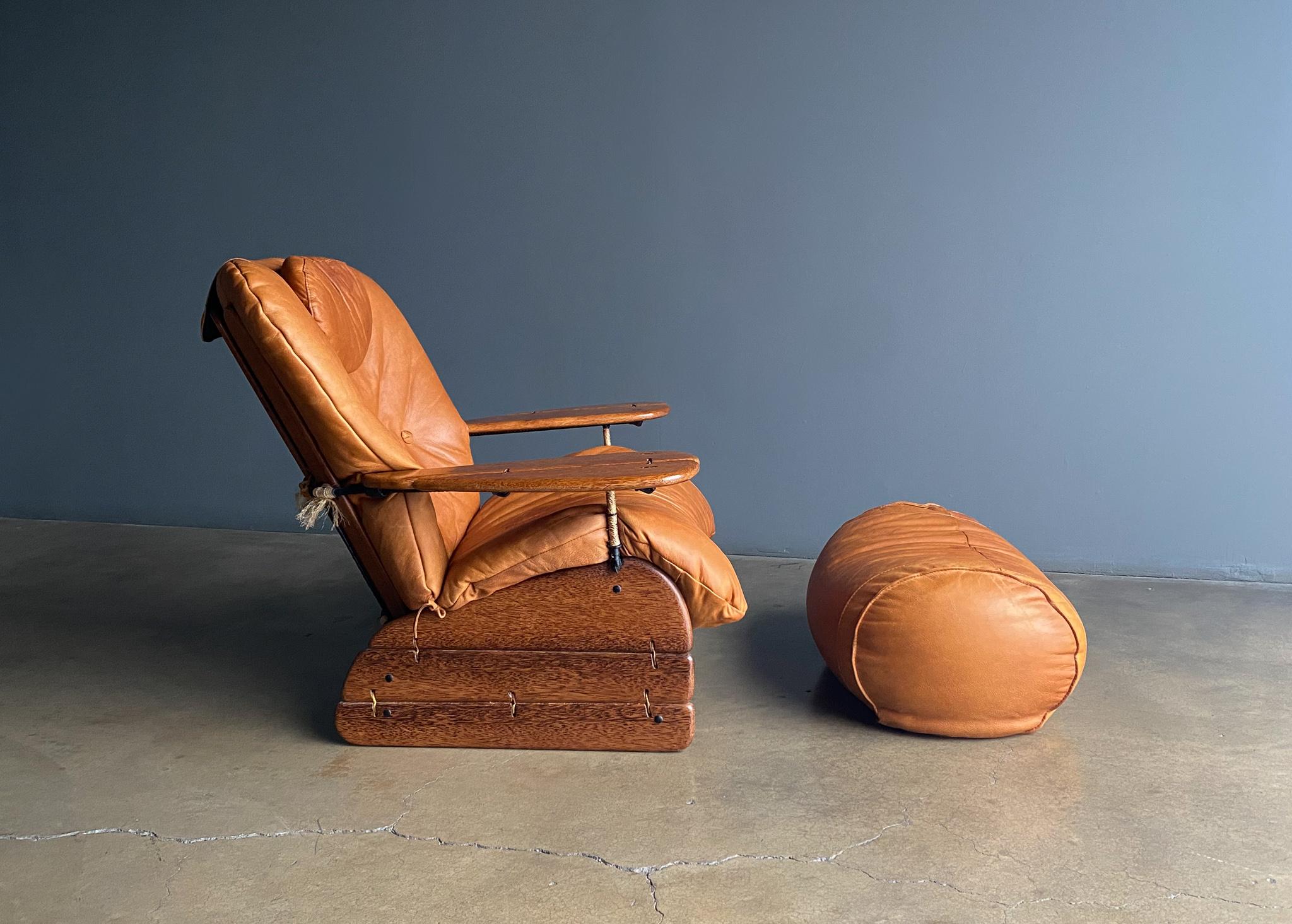 Australian Pacific Green Cognac Leather & Palmwood Havana Lounge Chair & Ottoman, 1990's